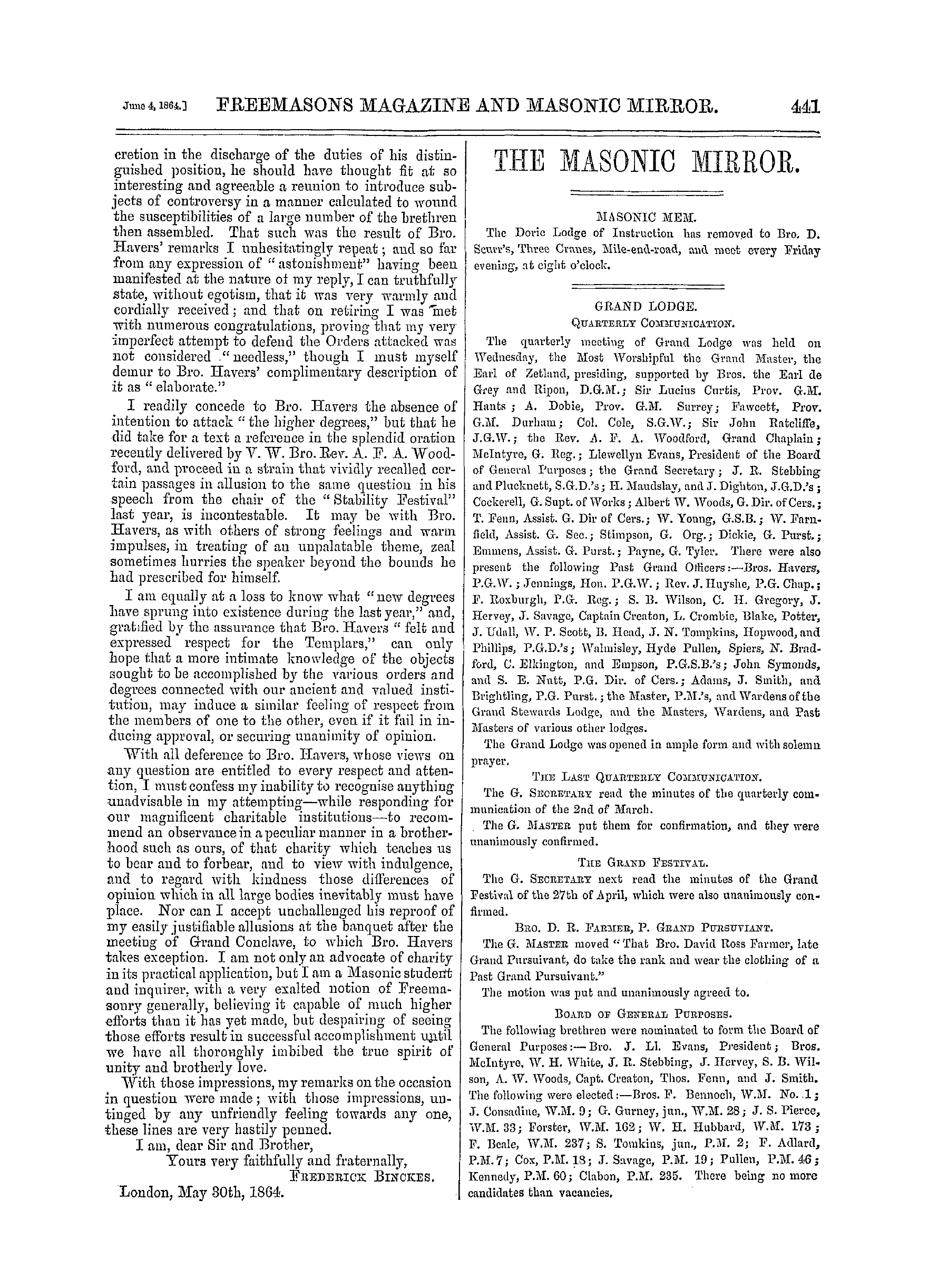 The Freemasons' Monthly Magazine: 1864-06-04 - The Masonic Mirror.