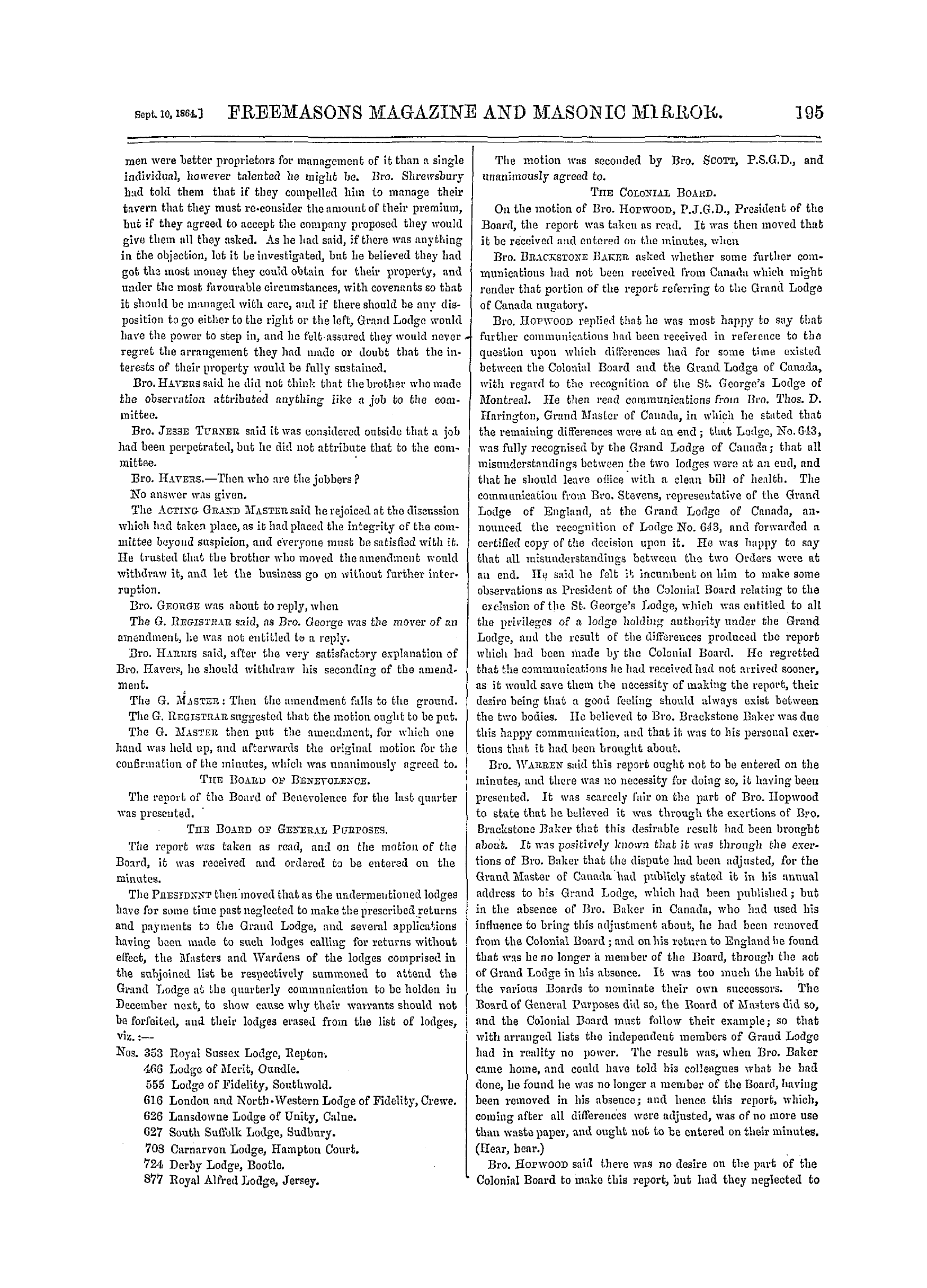 The Freemasons' Monthly Magazine: 1864-09-10 - The Masonic Mirror.