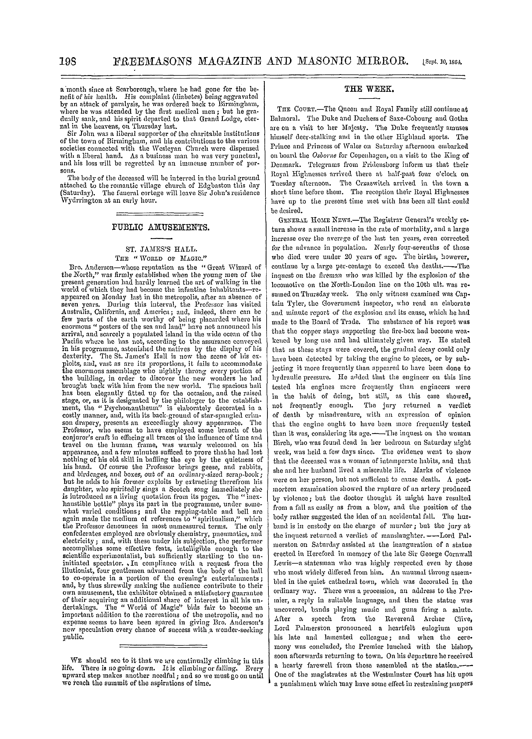 The Freemasons' Monthly Magazine: 1864-09-10 - The Week.