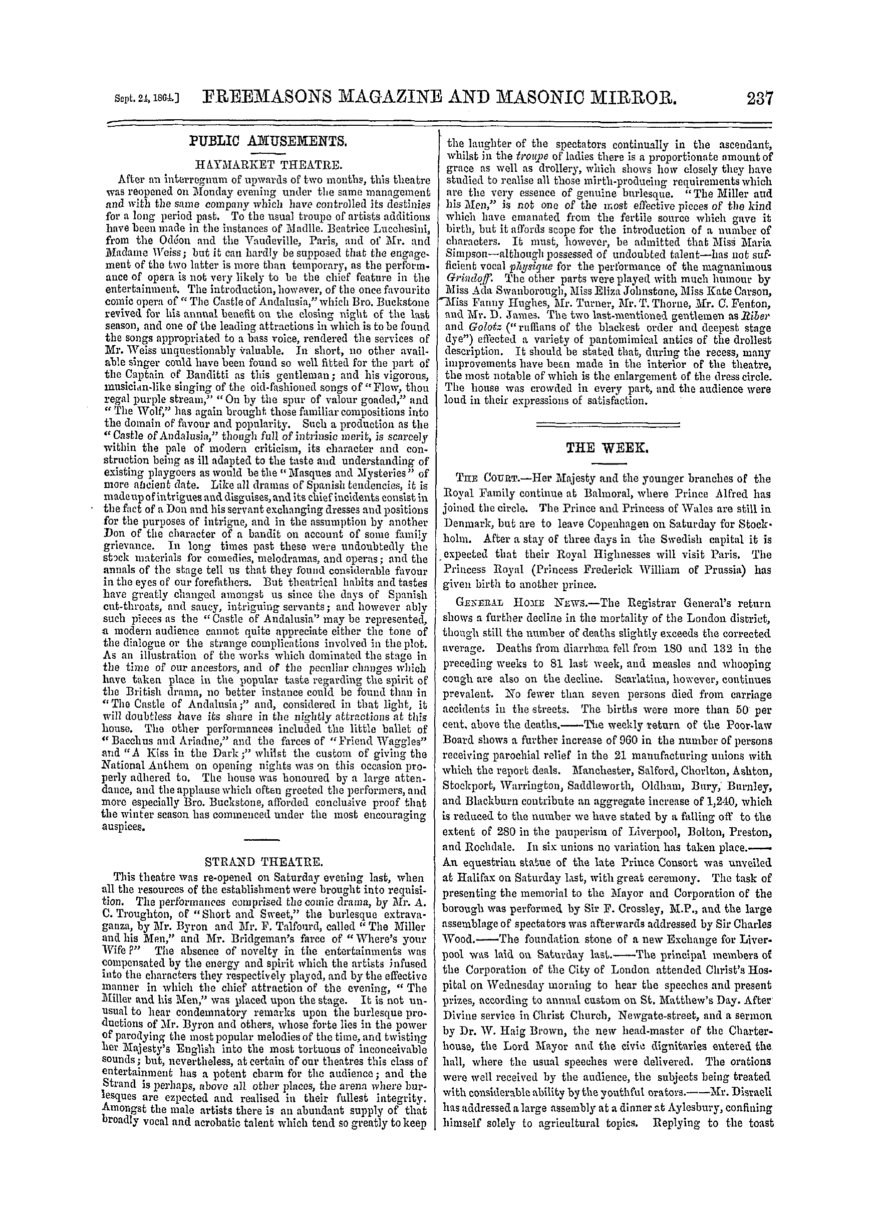 The Freemasons' Monthly Magazine: 1864-09-24 - The Week.