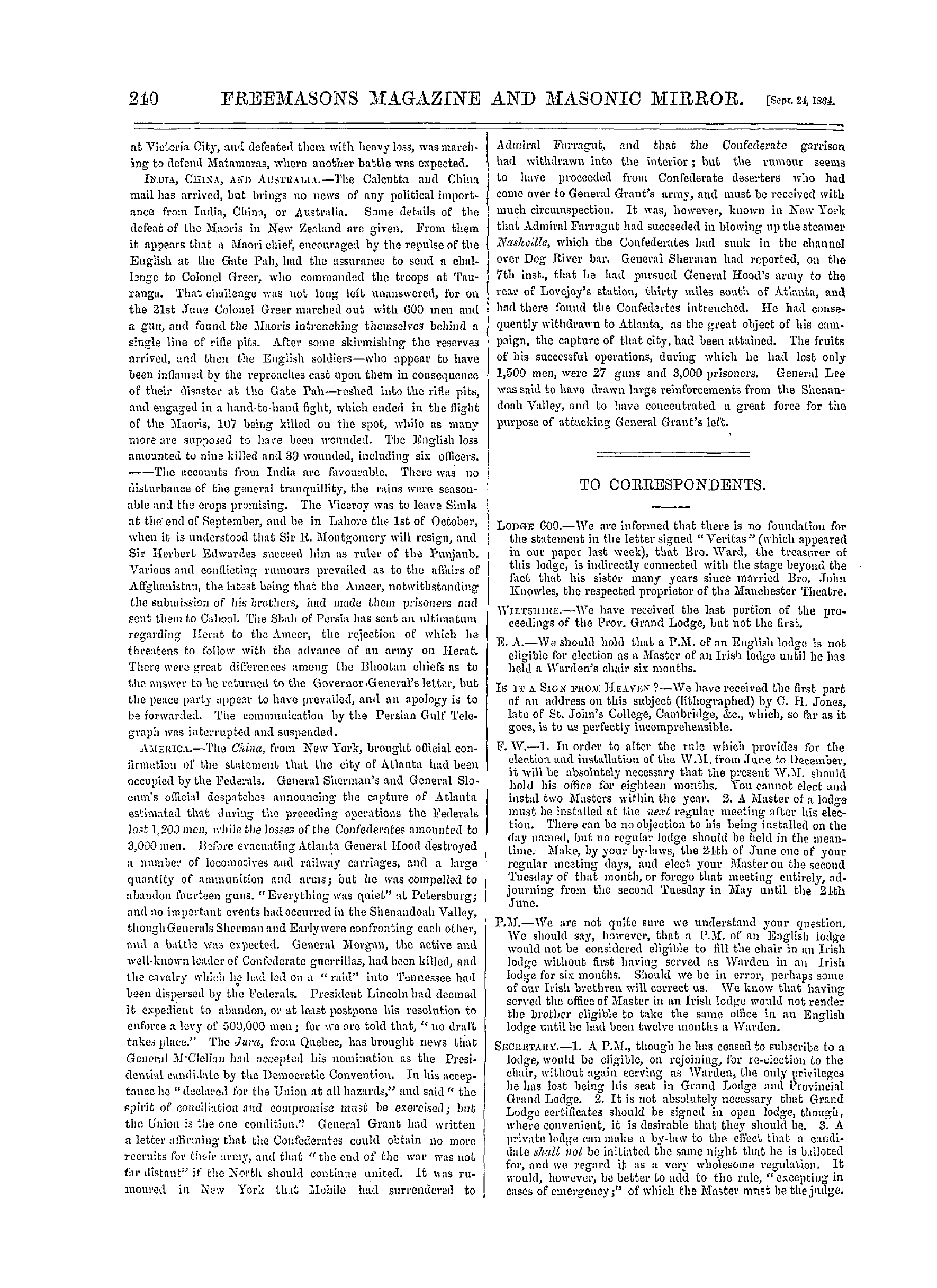 The Freemasons' Monthly Magazine: 1864-09-24 - The Week.