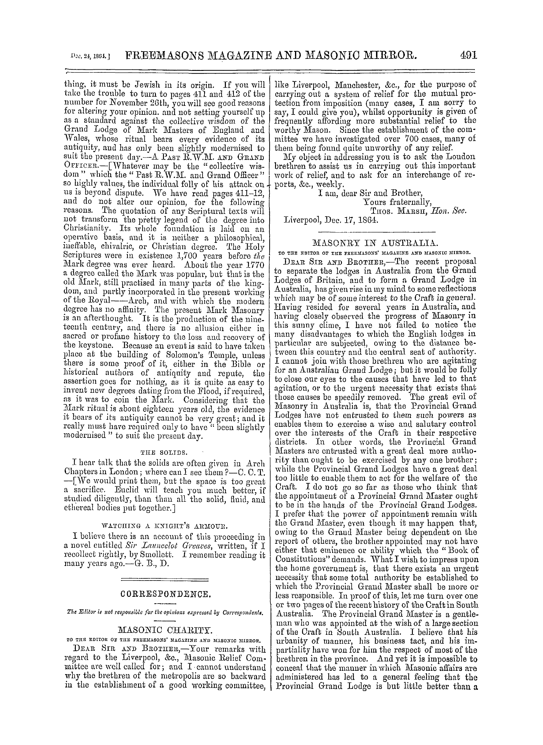 The Freemasons' Monthly Magazine: 1864-12-24 - Masonry In Australia.