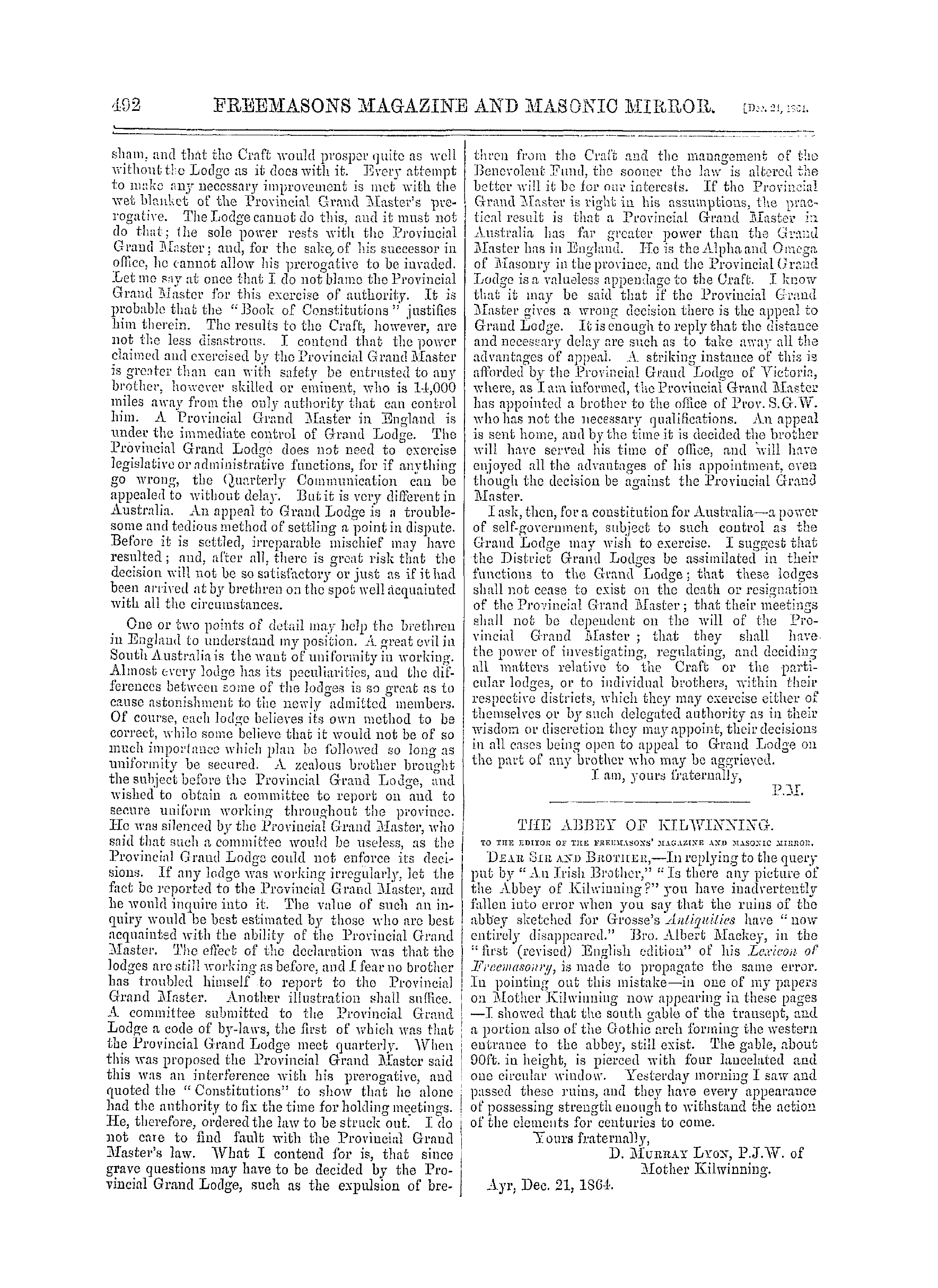 The Freemasons' Monthly Magazine: 1864-12-24 - Masonry In Australia.