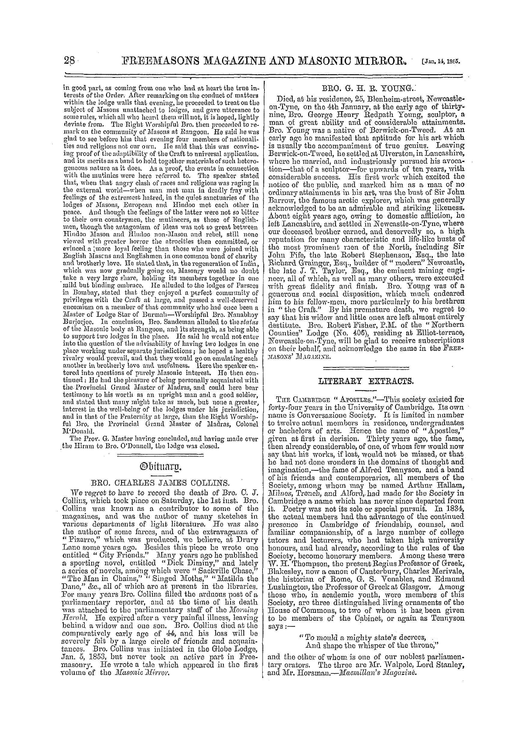 The Freemasons' Monthly Magazine: 1865-01-14 - Literary Extracts.