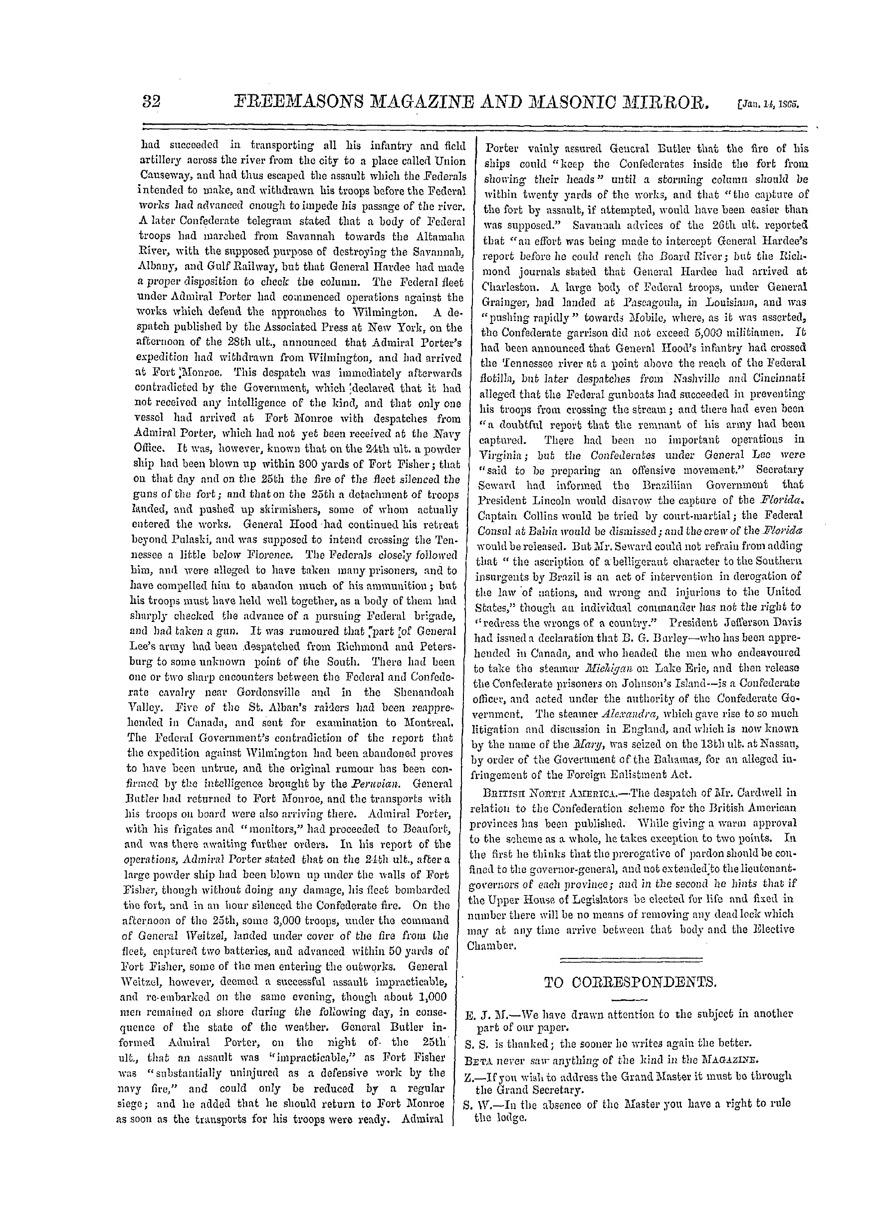 The Freemasons' Monthly Magazine: 1865-01-14 - The Week.