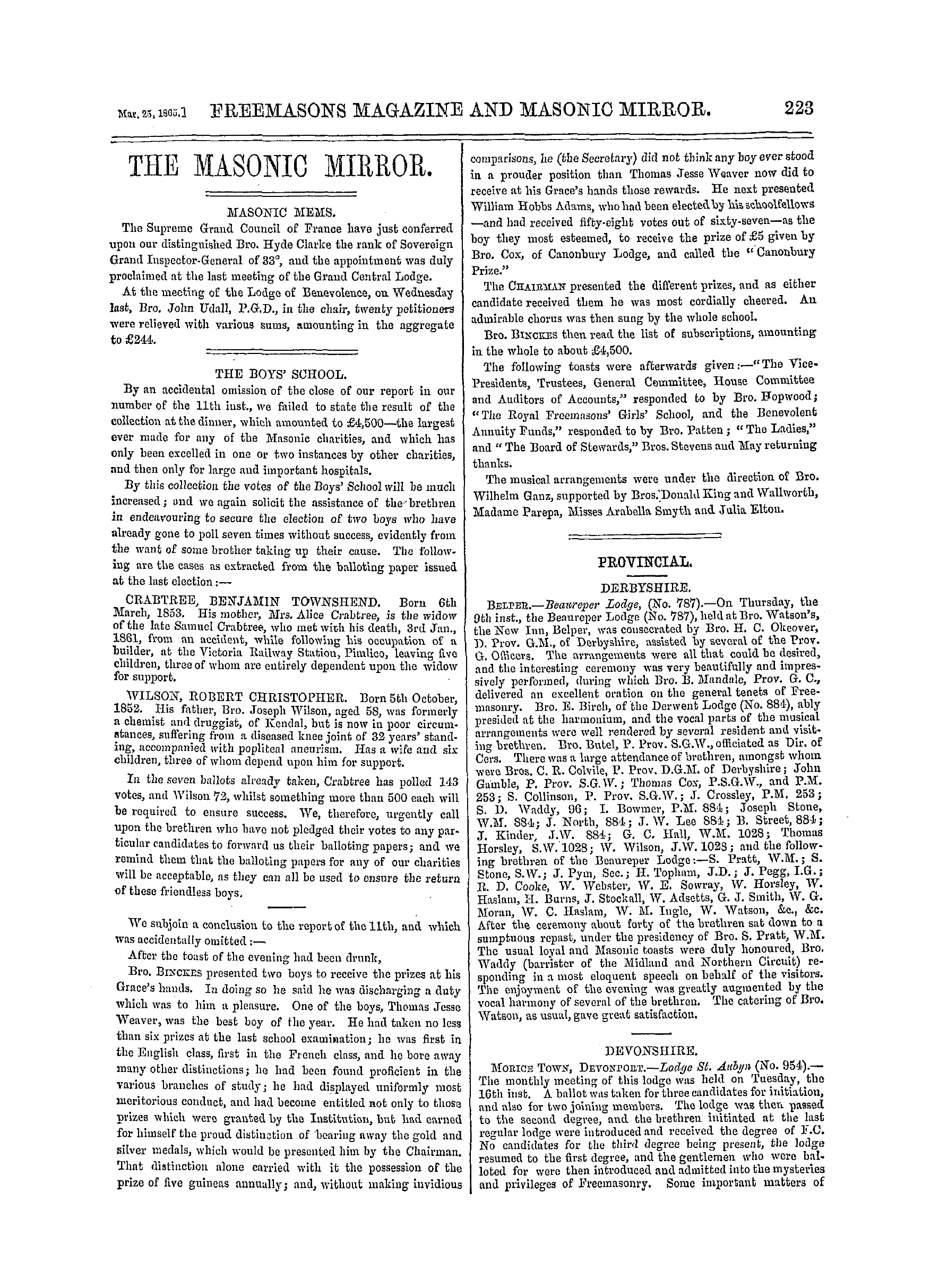 The Freemasons' Monthly Magazine: 1865-03-25 - Provincial.