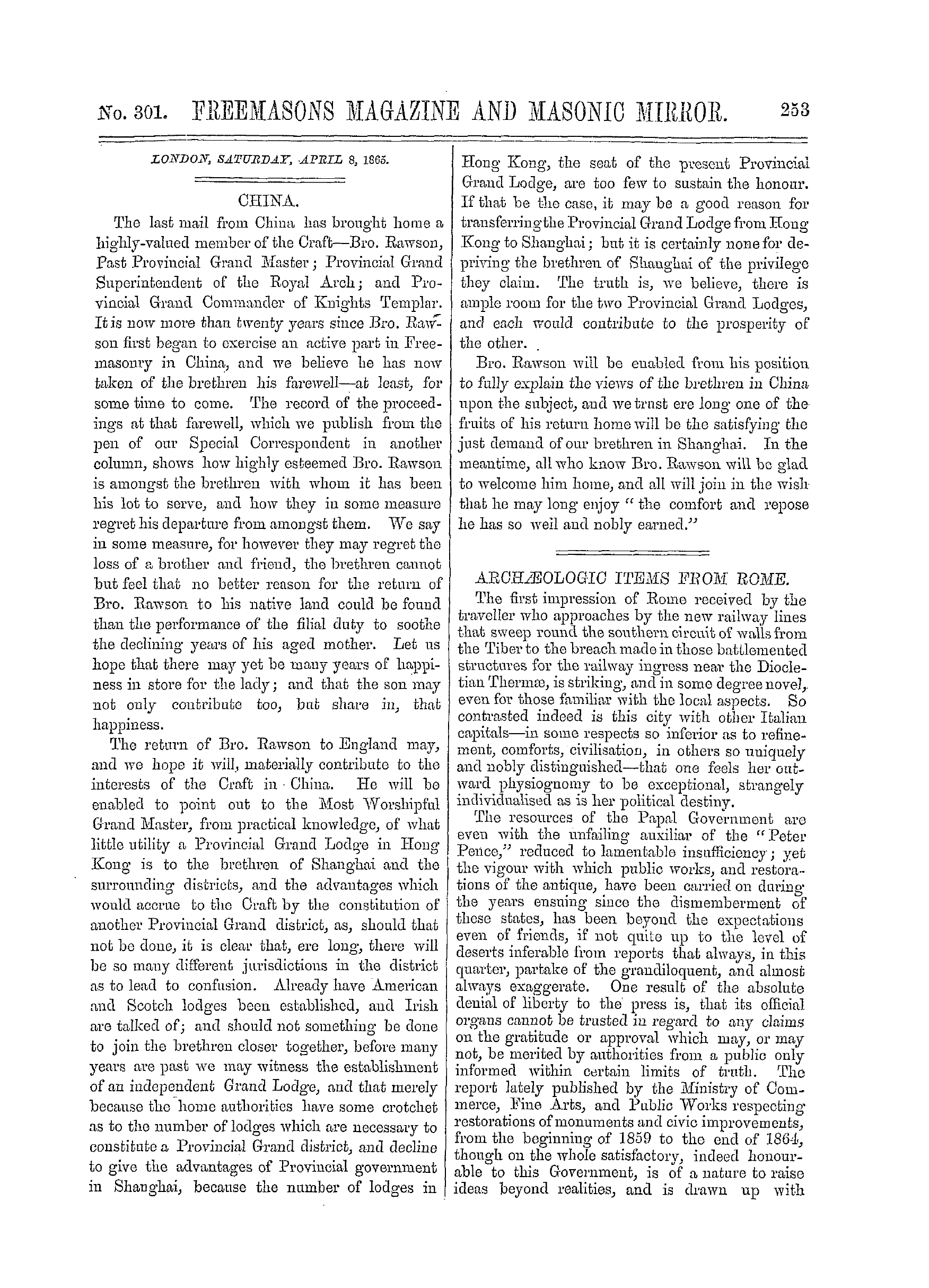 The Freemasons' Monthly Magazine: 1865-04-08 - Archæologic Items From Rome.