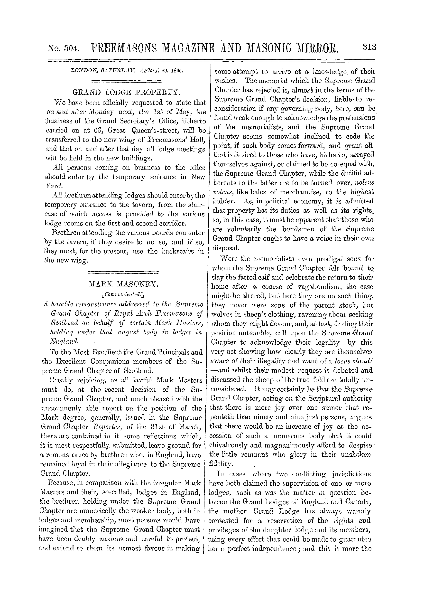 The Freemasons' Monthly Magazine: 1865-04-29 - Grand Lodge Property.