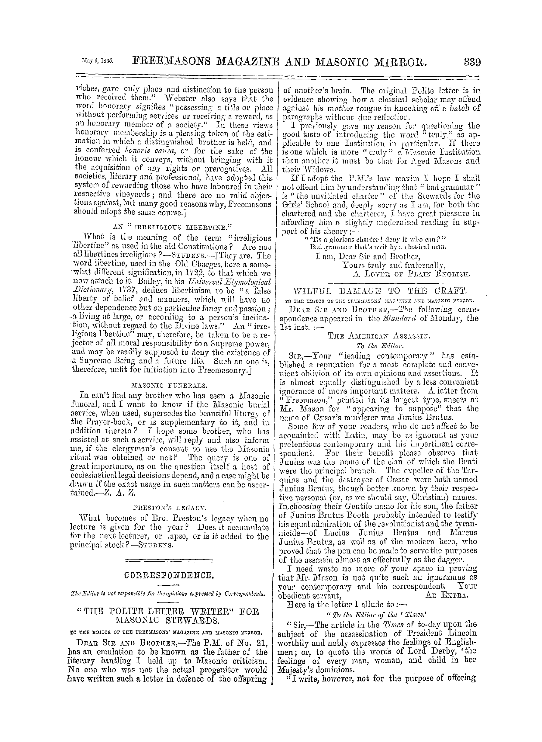 The Freemasons' Monthly Magazine: 1865-05-06 - Masonic Notes And Queries.