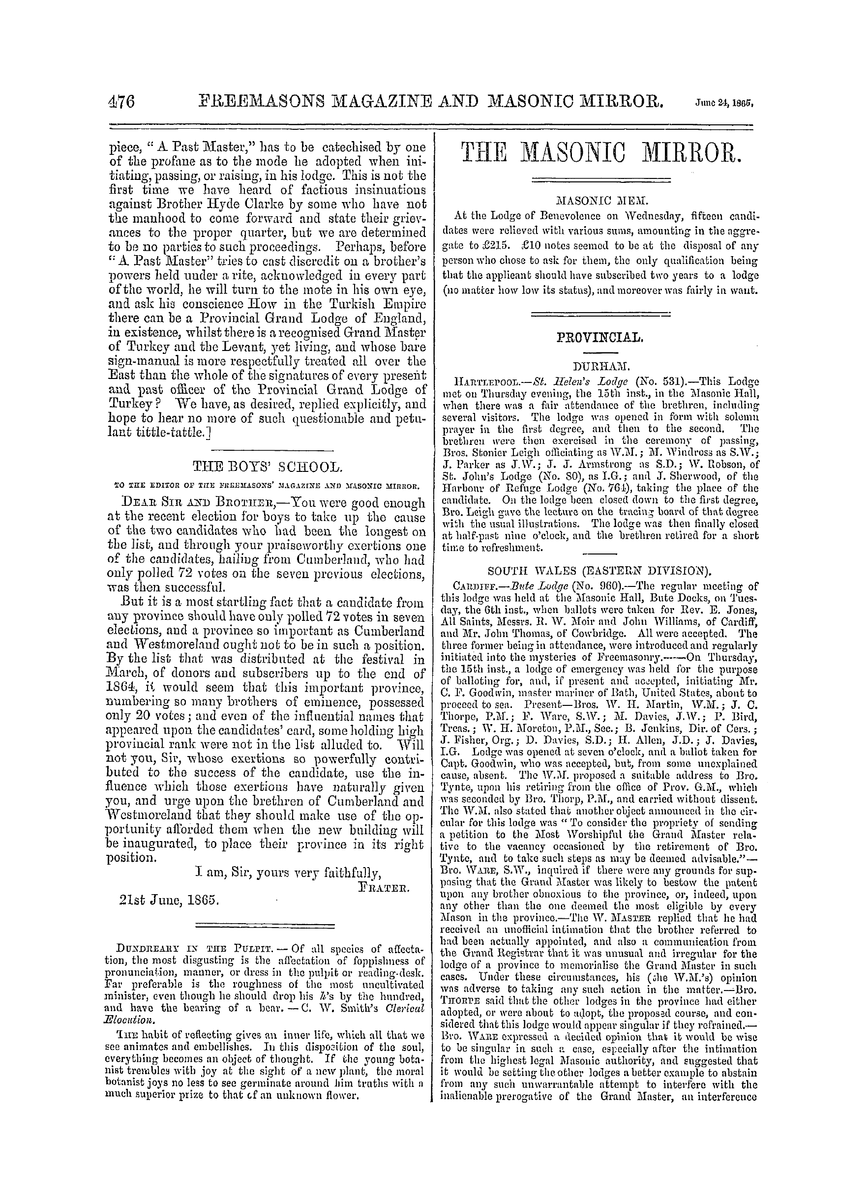 The Freemasons' Monthly Magazine: 1865-06-24 - Provincial.