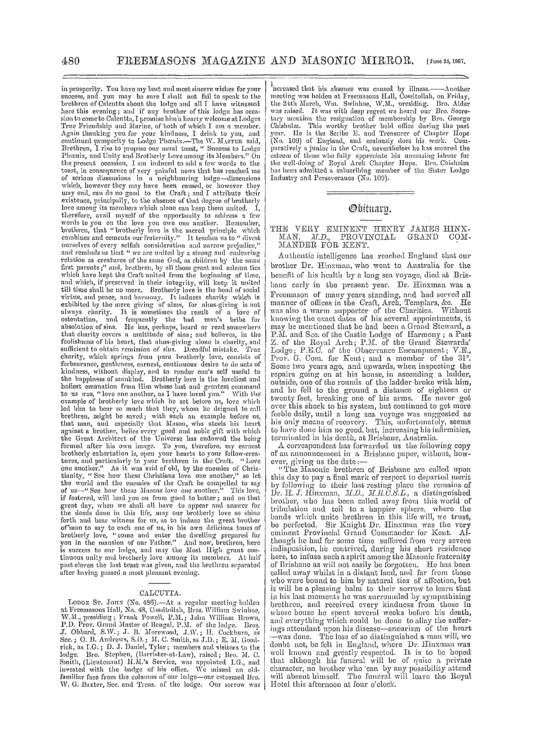 The Freemasons' Monthly Magazine: 1865-06-24 - India.