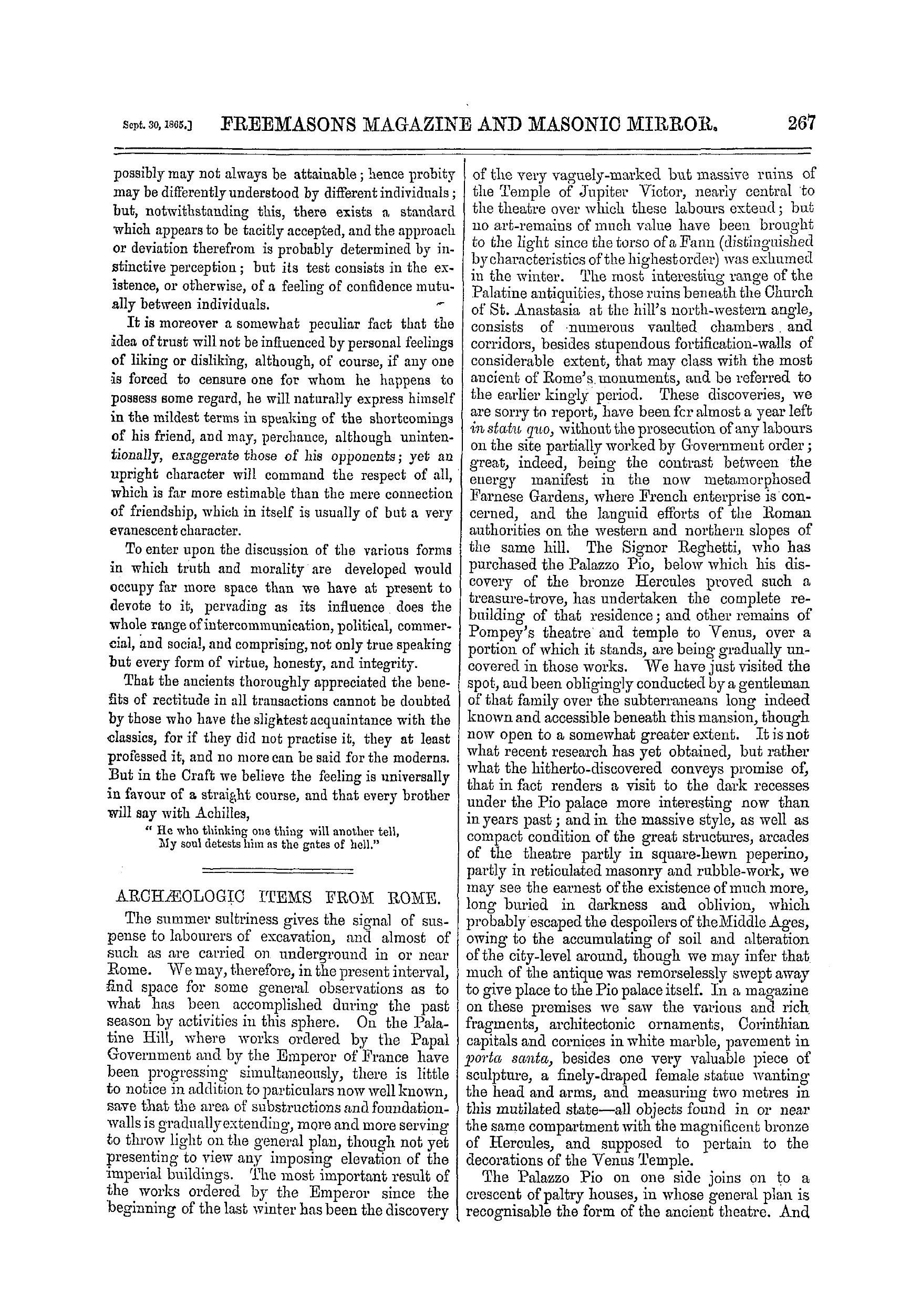 The Freemasons' Monthly Magazine: 1865-09-30 - Archæologic Items From Rome.