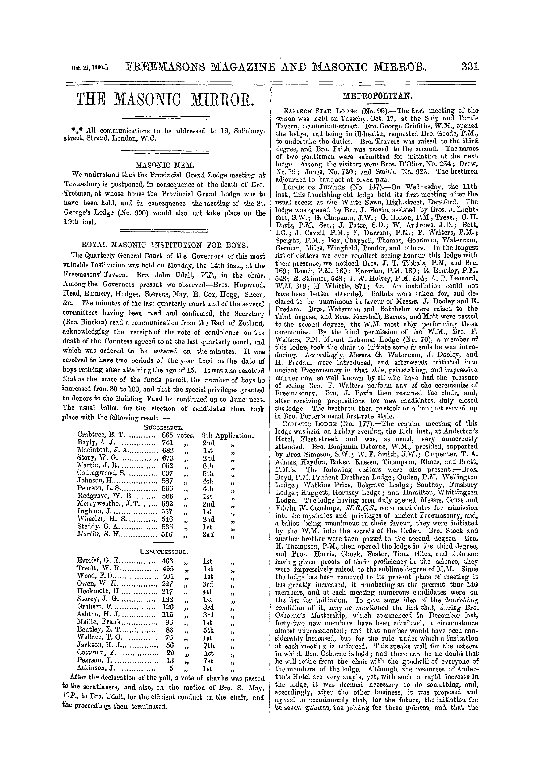 The Freemasons' Monthly Magazine: 1865-10-21 - Masonic Mem.