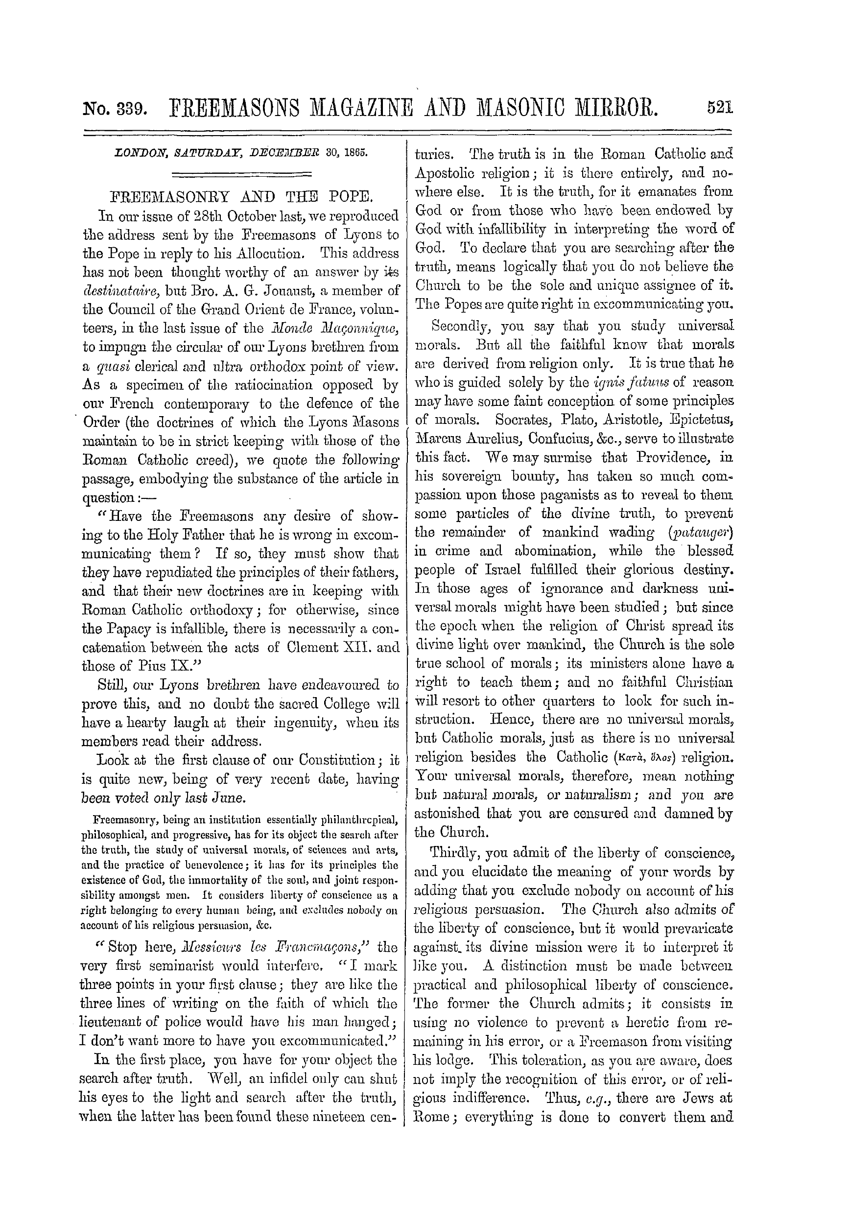 The Freemasons' Monthly Magazine: 1865-12-30 - Freemasonry And The Pope.