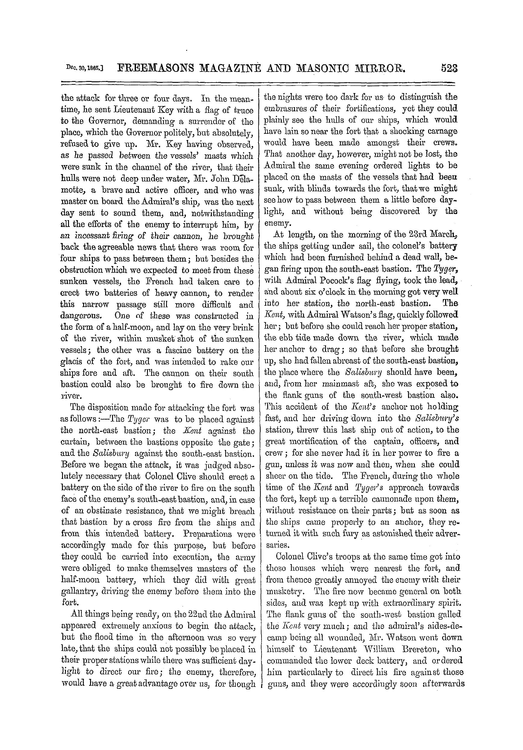 The Freemasons' Monthly Magazine: 1865-12-30 - Chandernagore Taken From The French.