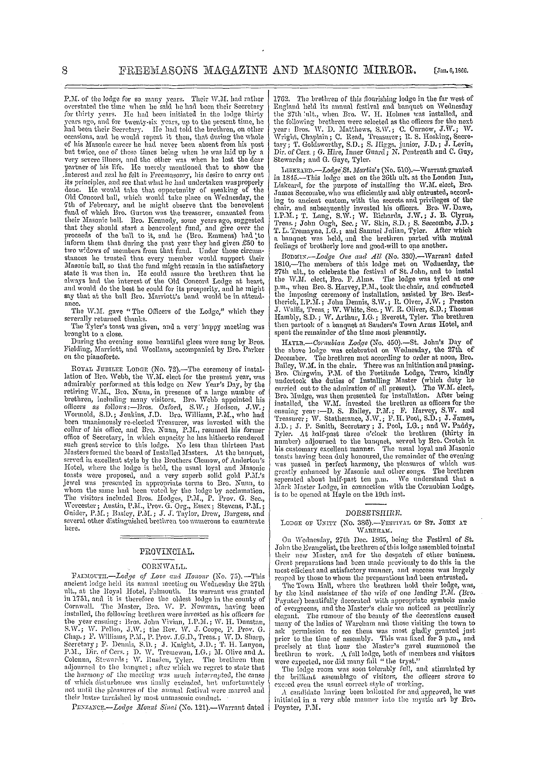 The Freemasons' Monthly Magazine: 1866-01-06 - Provincial.