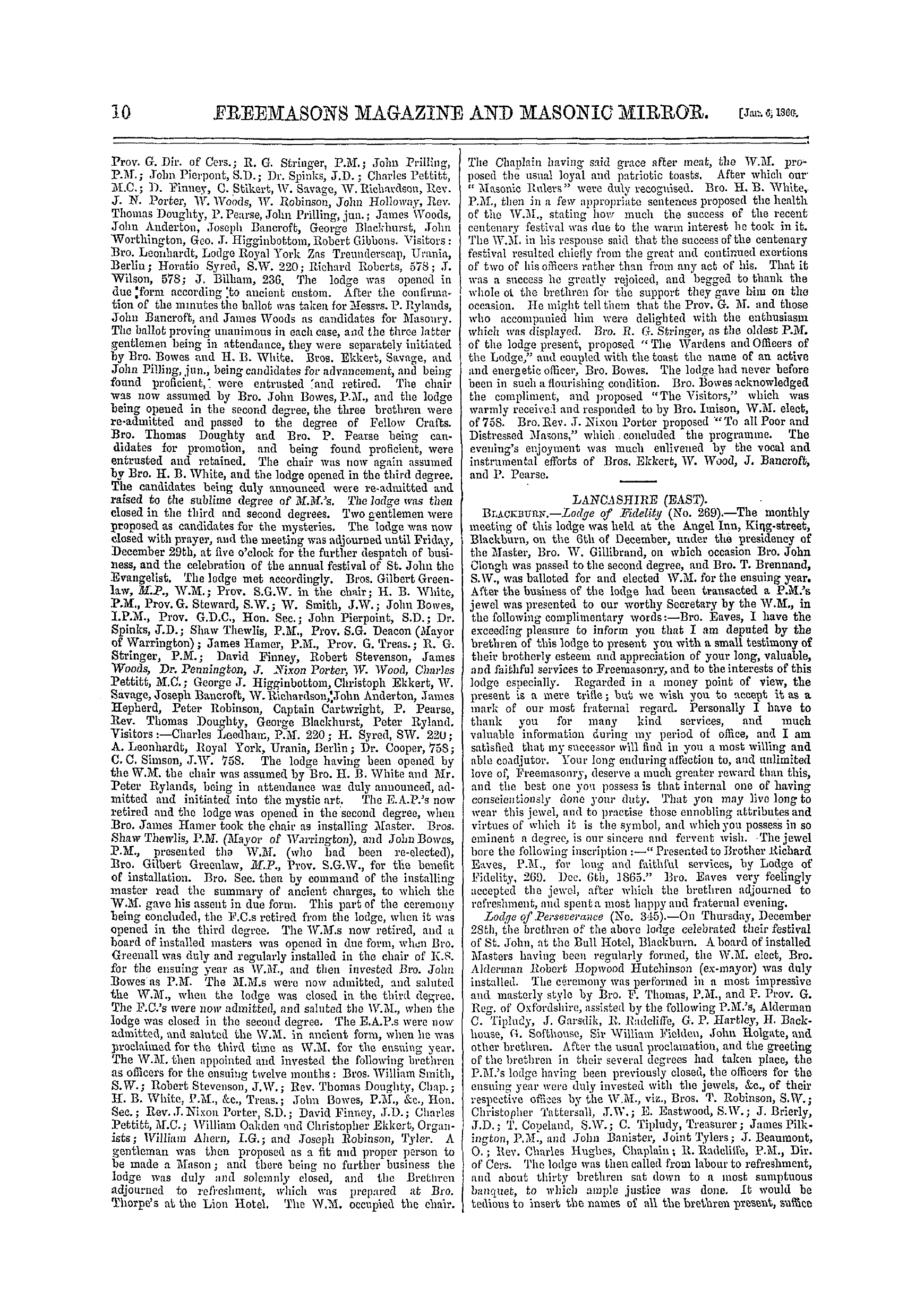 The Freemasons' Monthly Magazine: 1866-01-06 - Provincial.