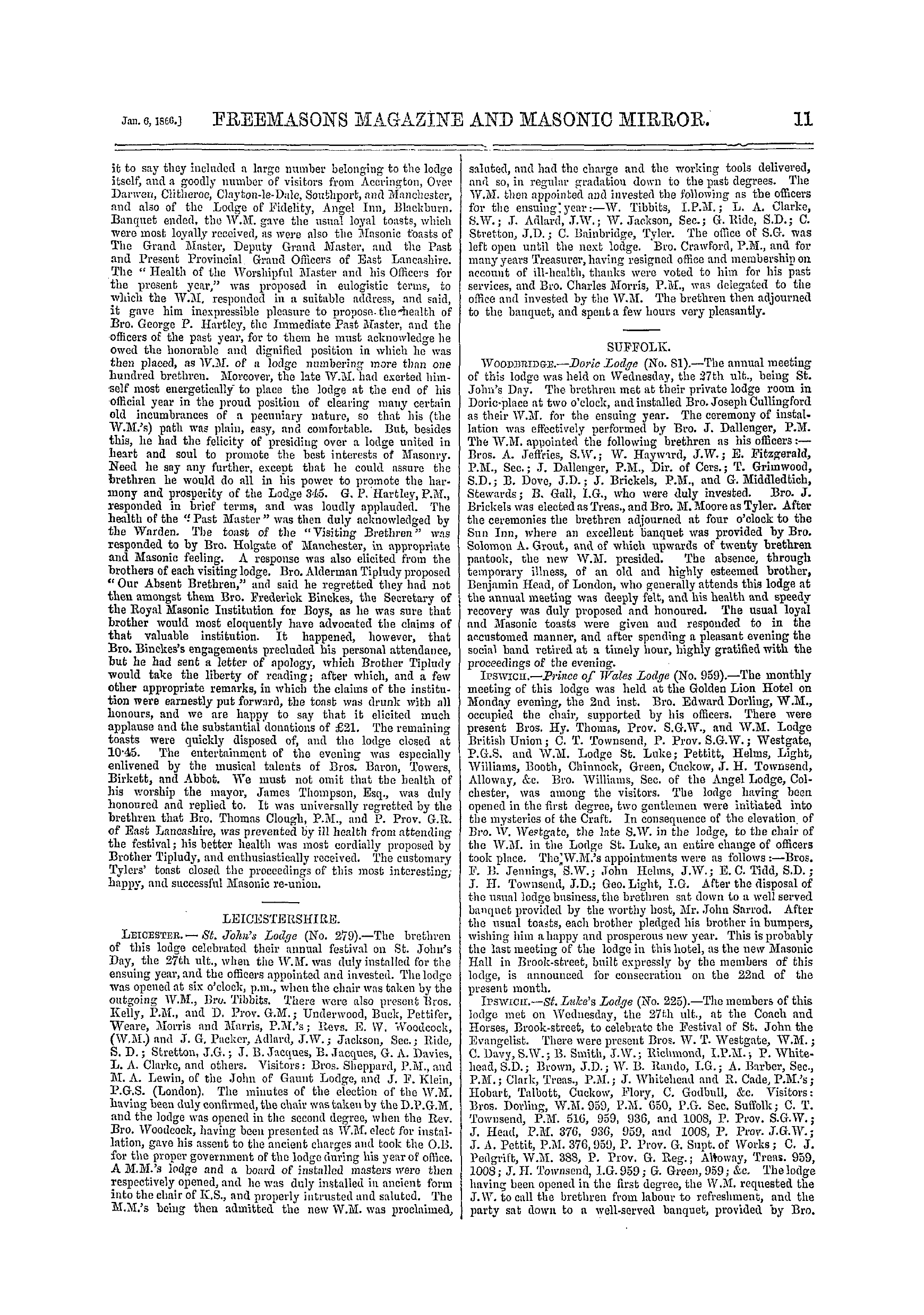 The Freemasons' Monthly Magazine: 1866-01-06 - Provincial.