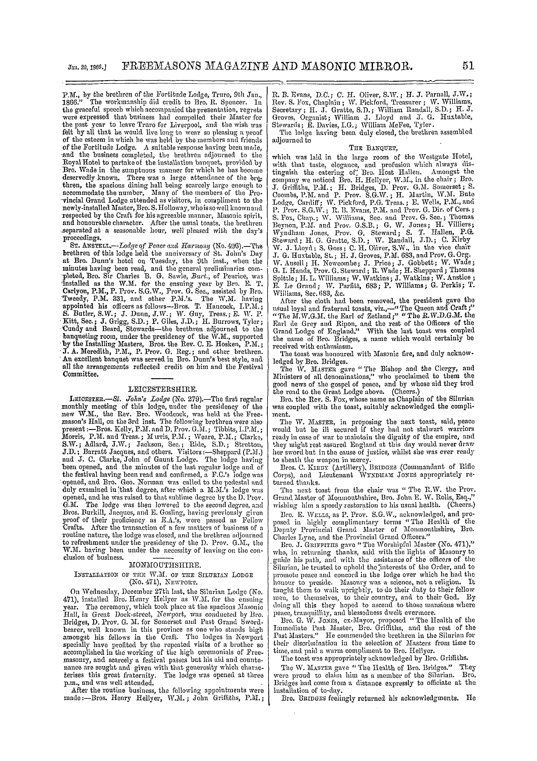 The Freemasons' Monthly Magazine: 1866-01-20 - Provincial.