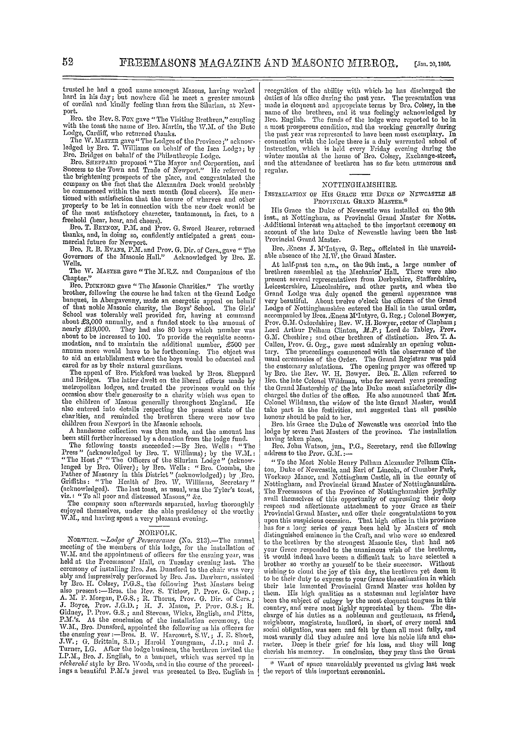 The Freemasons' Monthly Magazine: 1866-01-20 - Provincial.