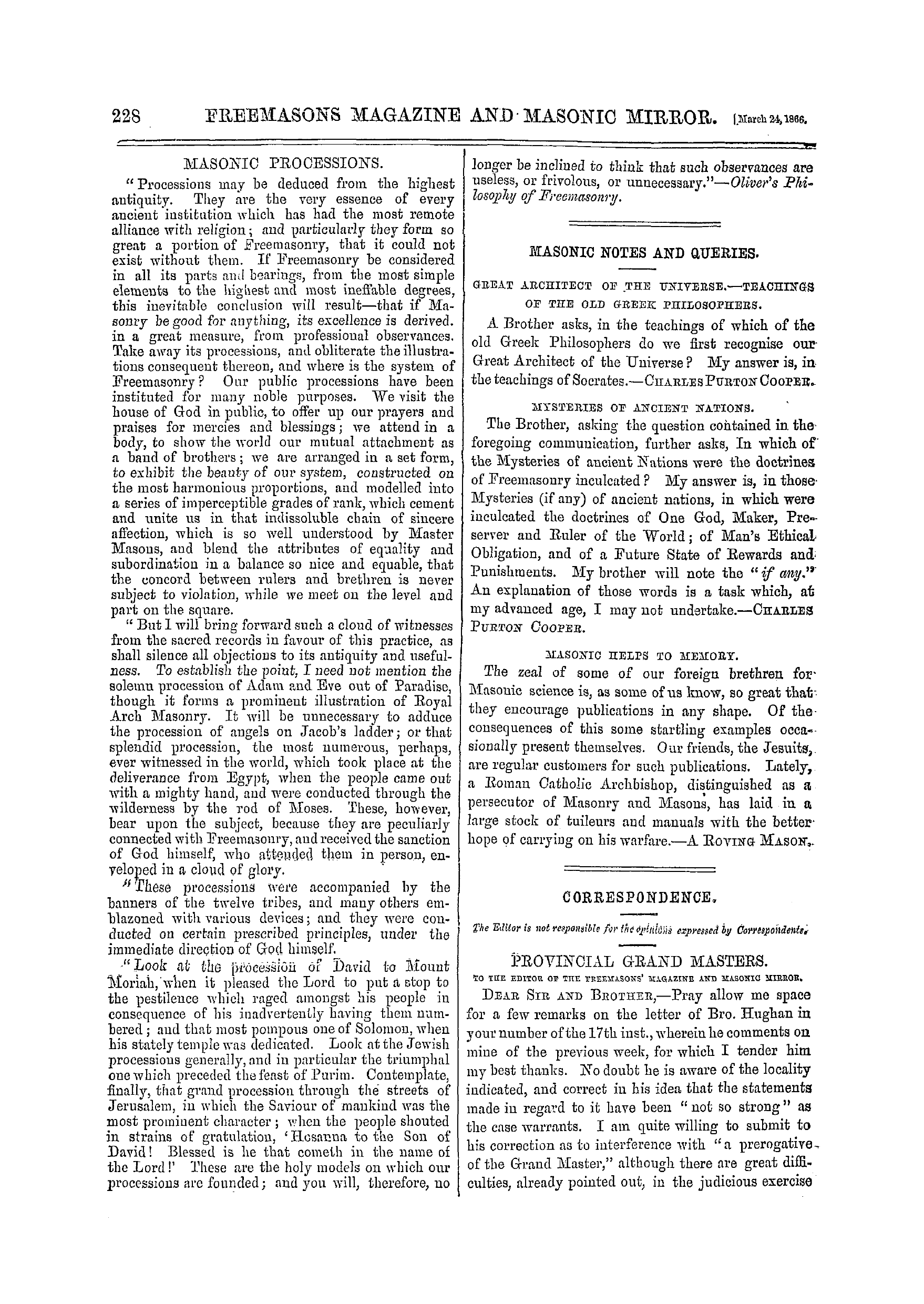 The Freemasons' Monthly Magazine: 1866-03-24 - Correspondence.