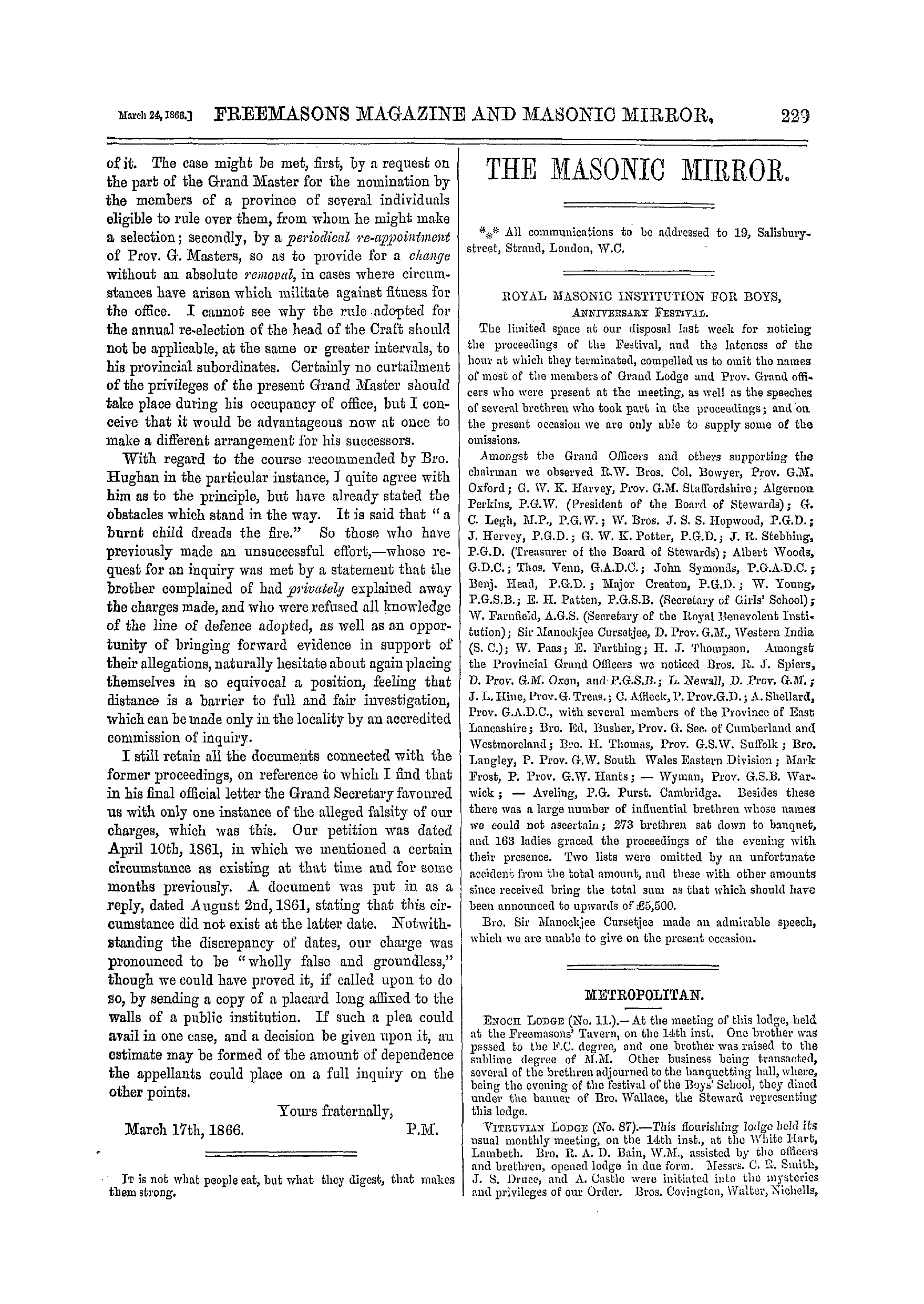 The Freemasons' Monthly Magazine: 1866-03-24 - Metropolitan.