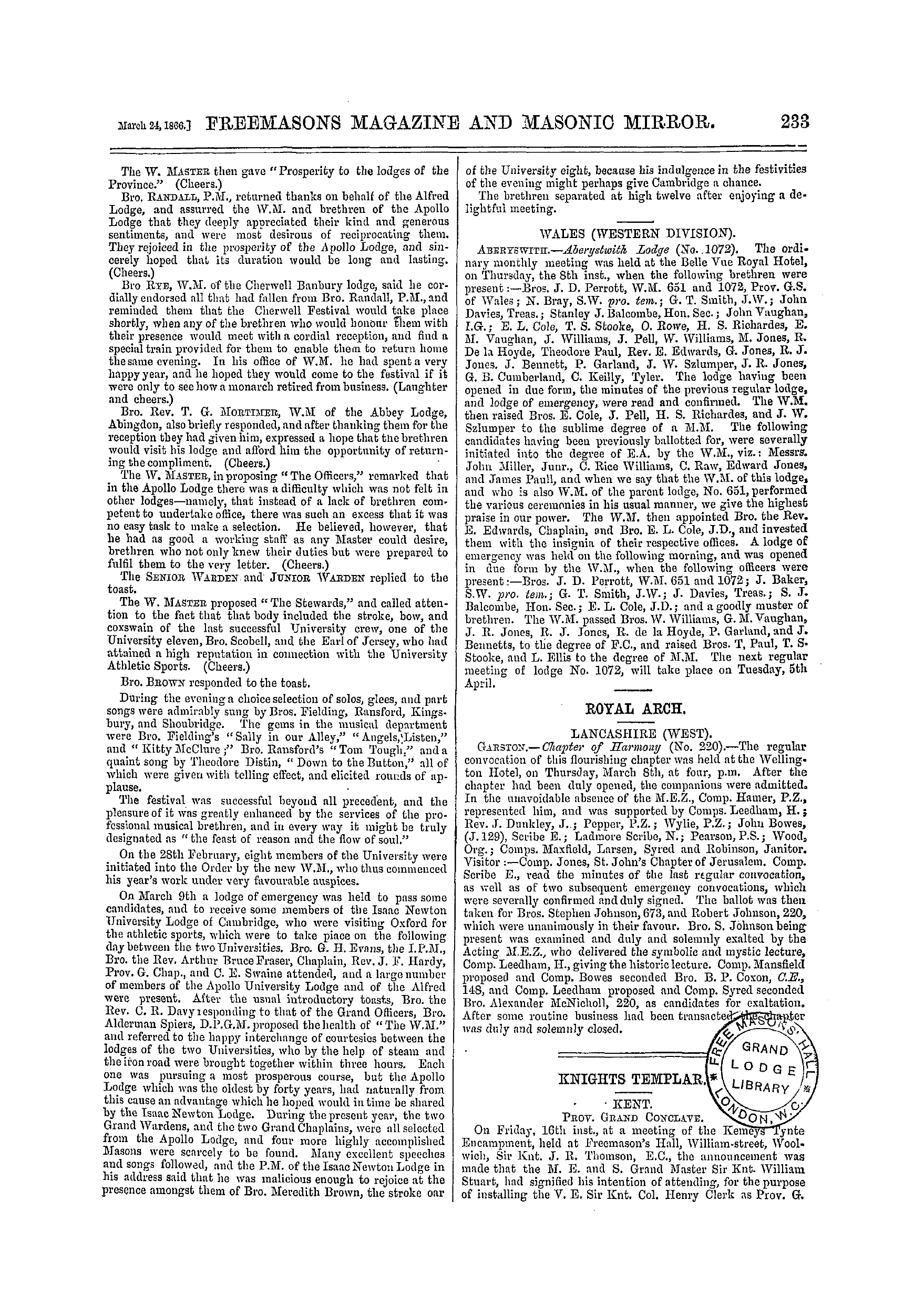The Freemasons' Monthly Magazine: 1866-03-24 - Provincial.