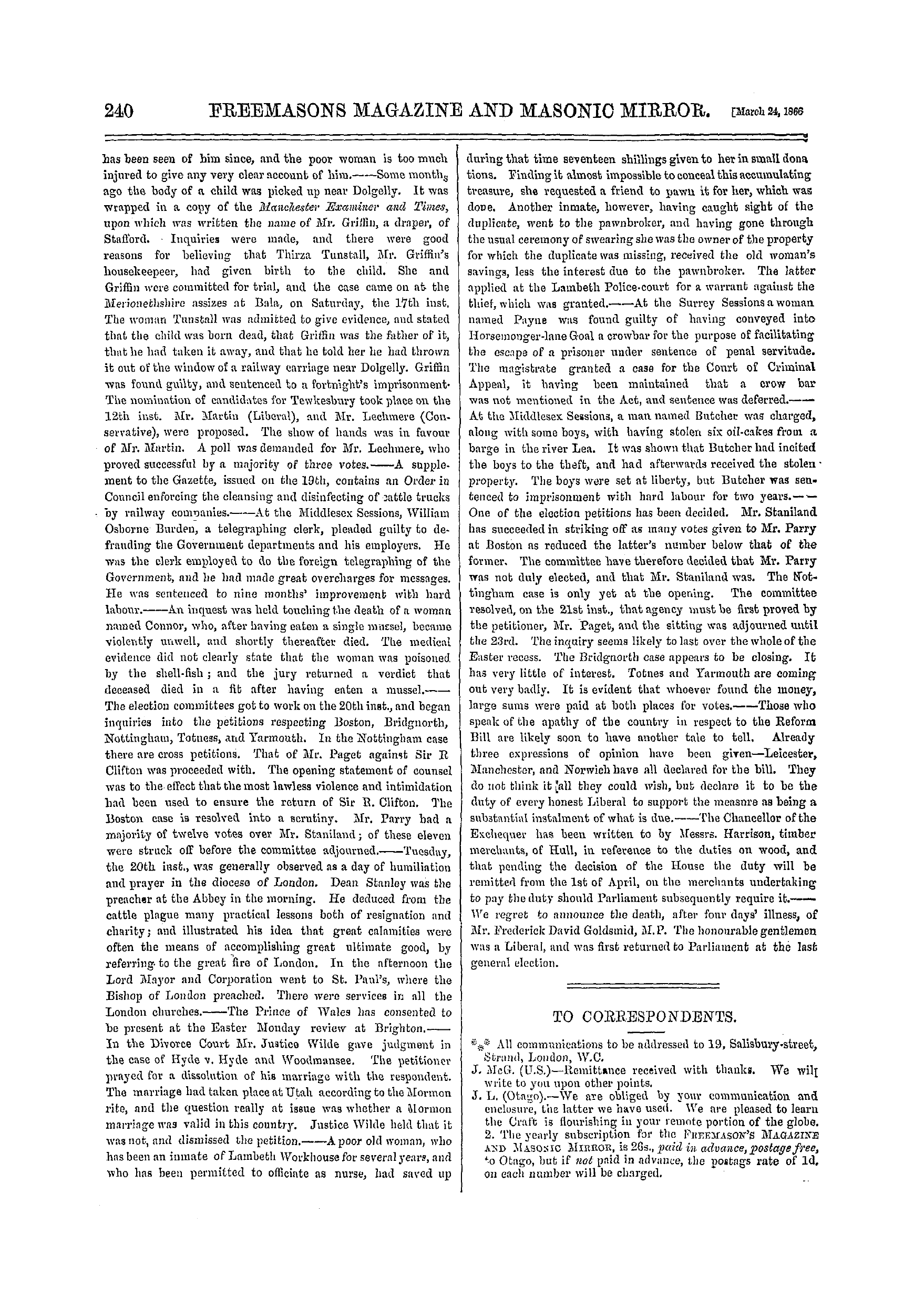 The Freemasons' Monthly Magazine: 1866-03-24 - The Week.