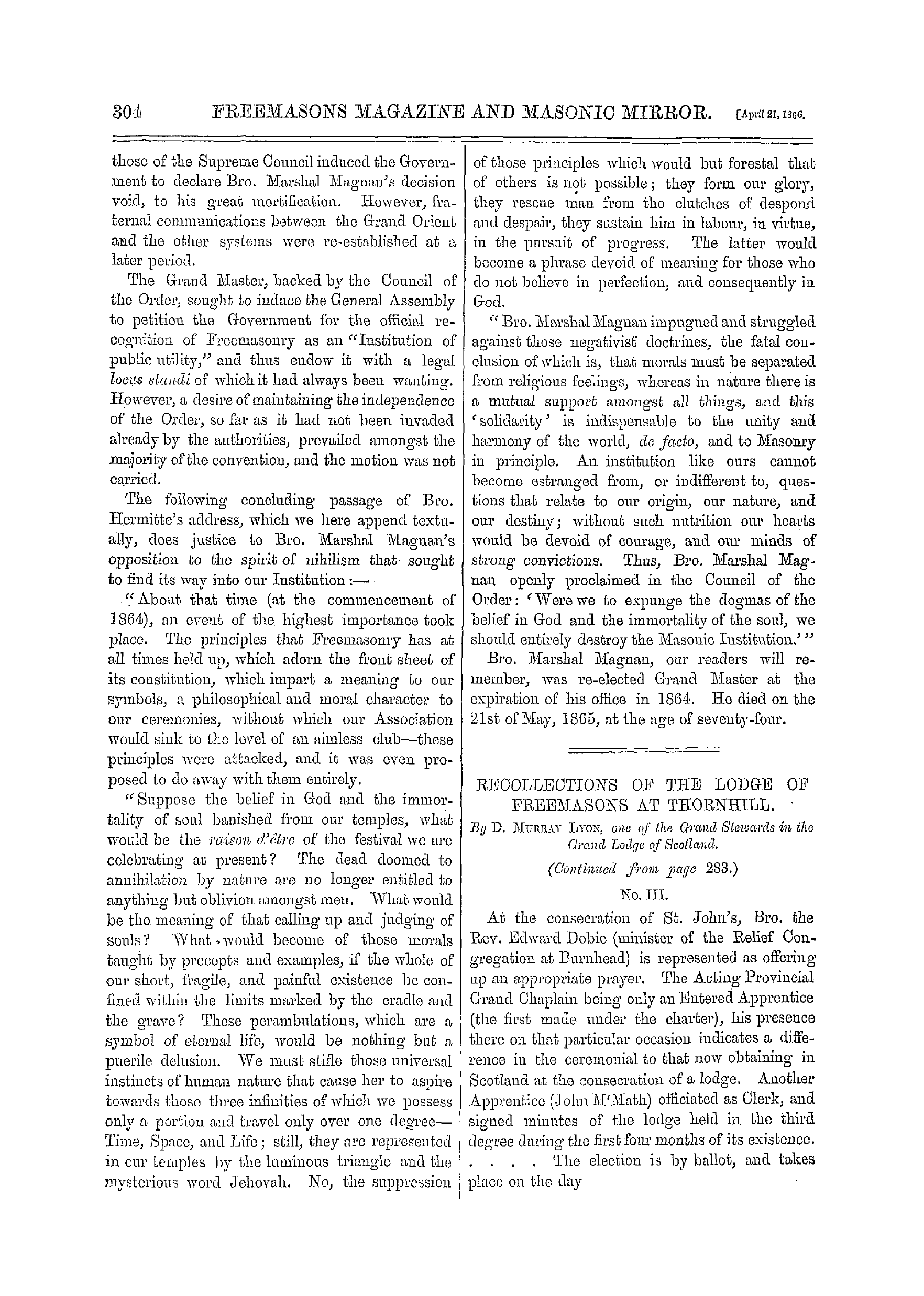 The Freemasons' Monthly Magazine: 1866-04-21 - Recollections Of The Lodge Of Freemasons At Thornhill.