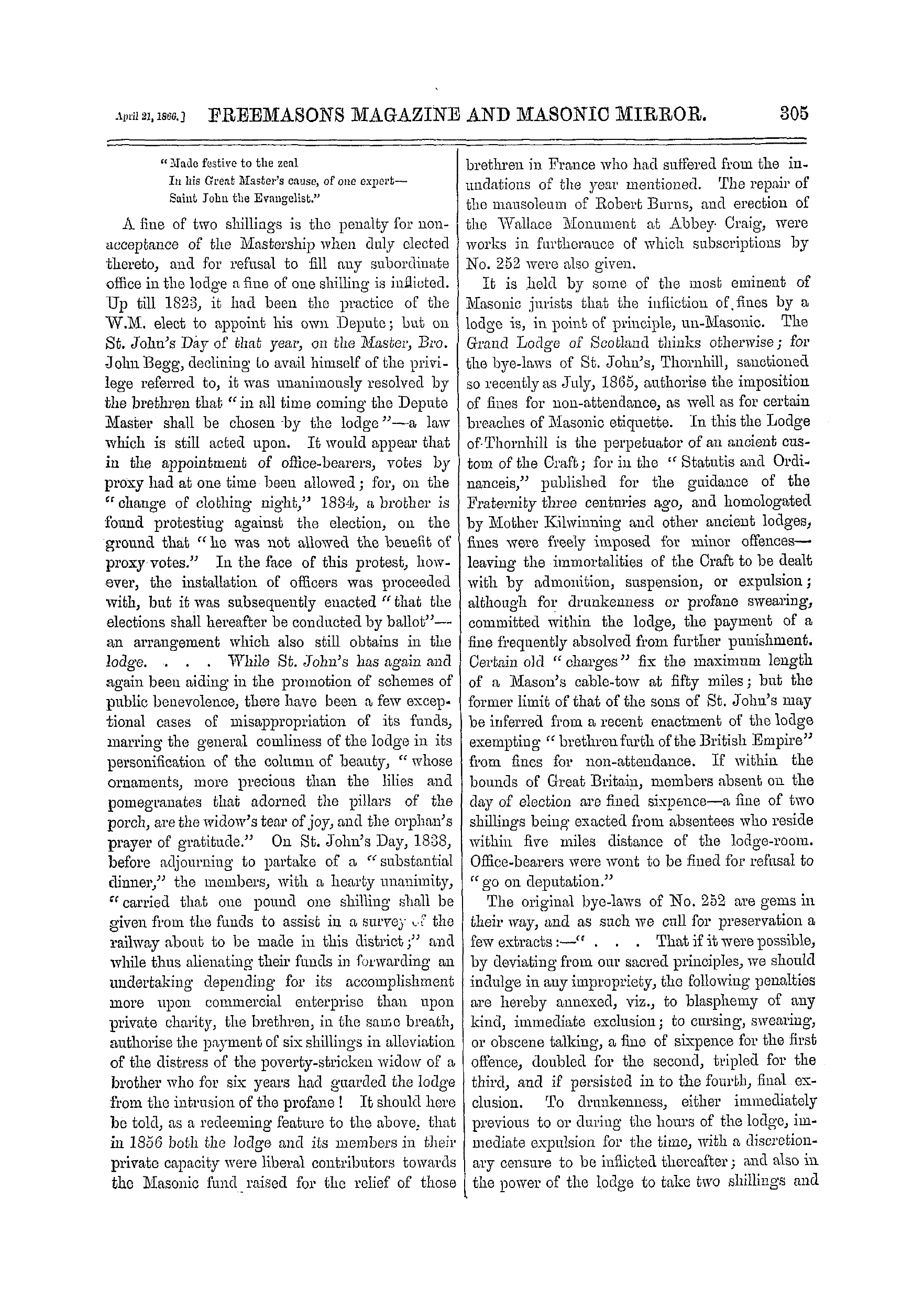 The Freemasons' Monthly Magazine: 1866-04-21 - Recollections Of The Lodge Of Freemasons At Thornhill.