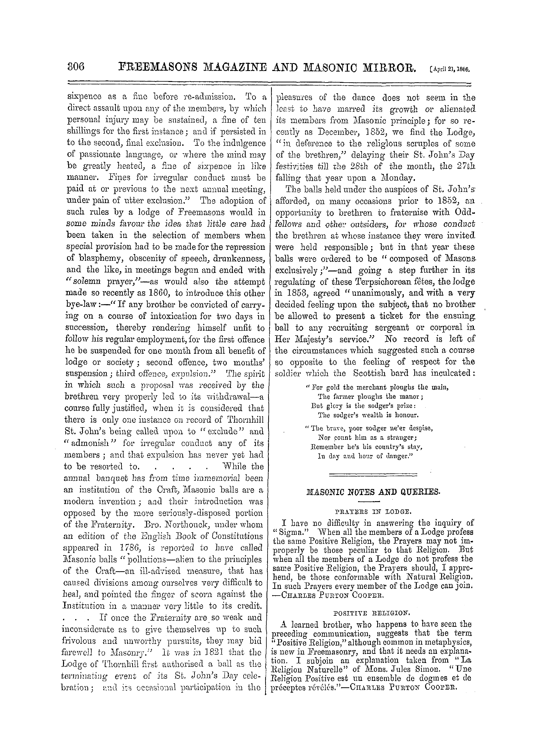 The Freemasons' Monthly Magazine: 1866-04-21 - Recollections Of The Lodge Of Freemasons At Thornhill.