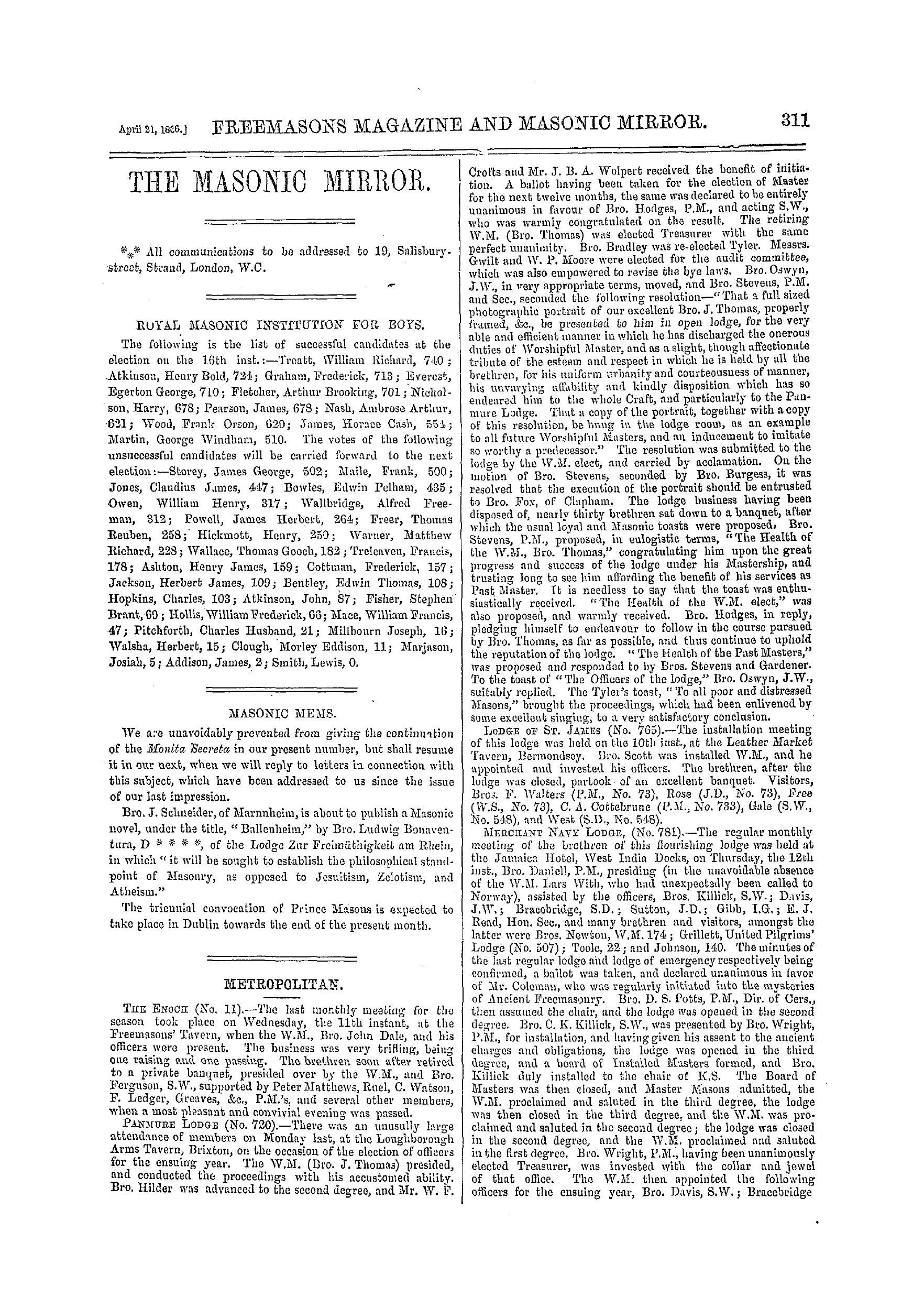 The Freemasons' Monthly Magazine: 1866-04-21 - Metropolitan.