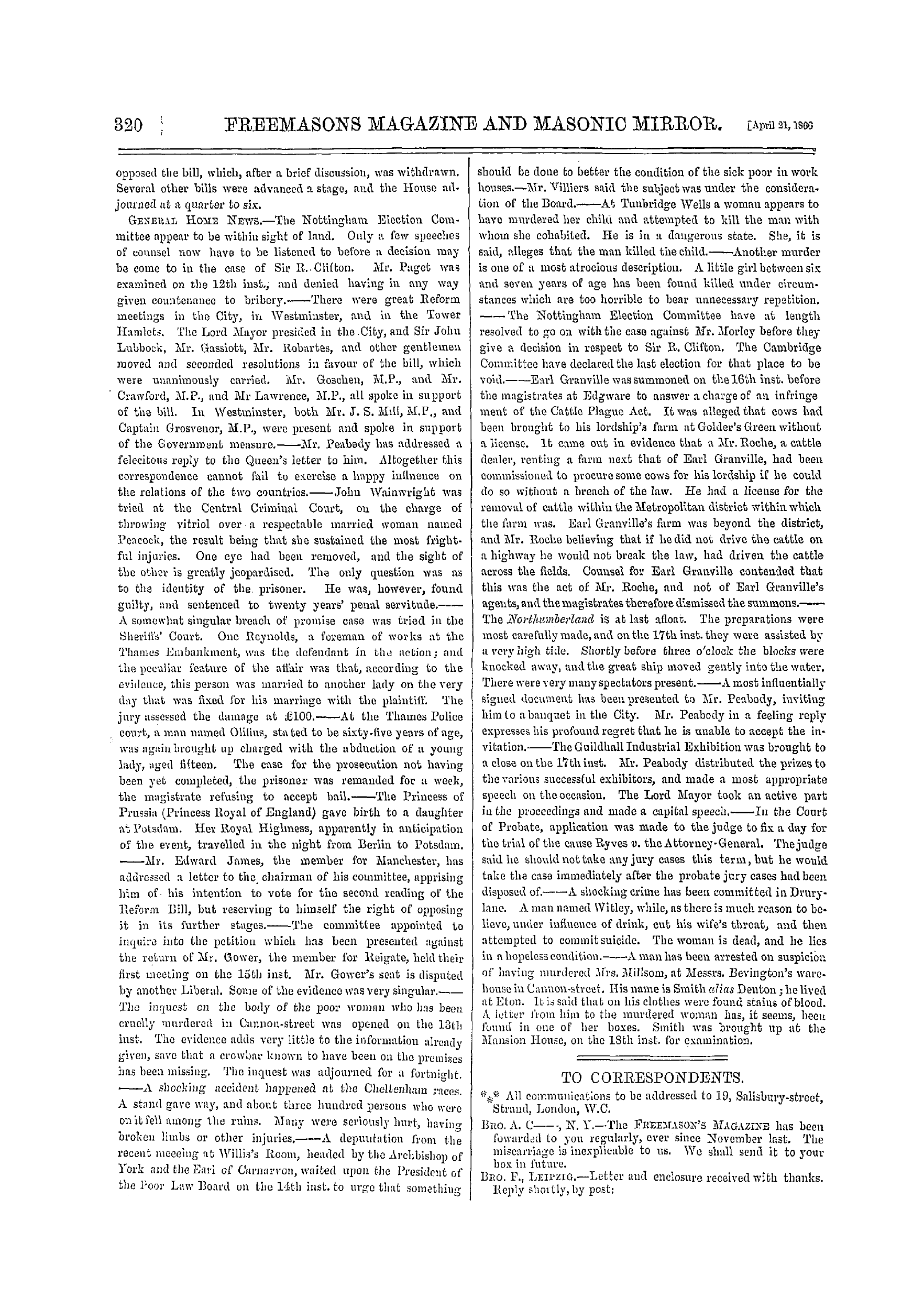 The Freemasons' Monthly Magazine: 1866-04-21 - To Correspondents.