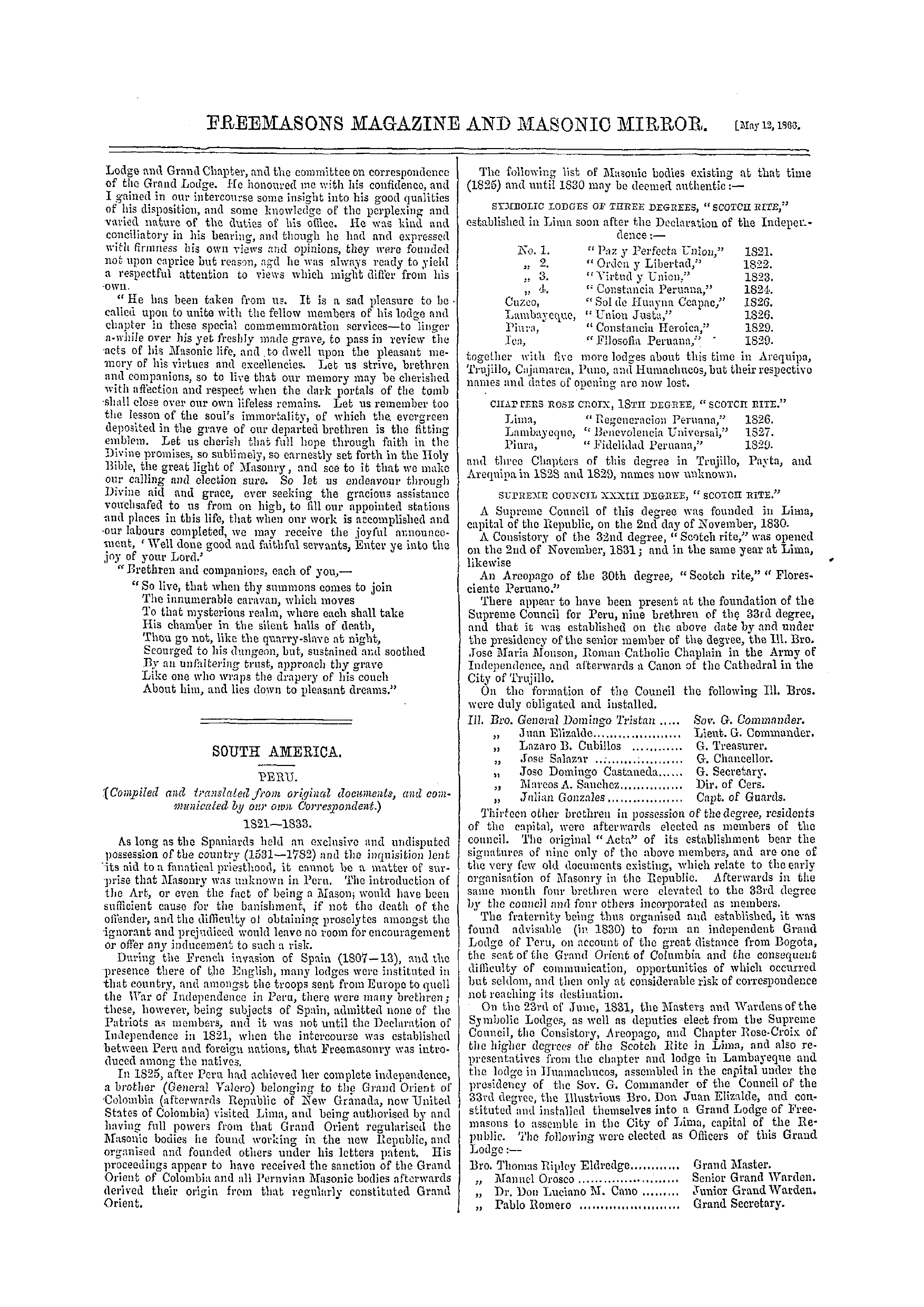 The Freemasons' Monthly Magazine: 1866-05-12 - South America.