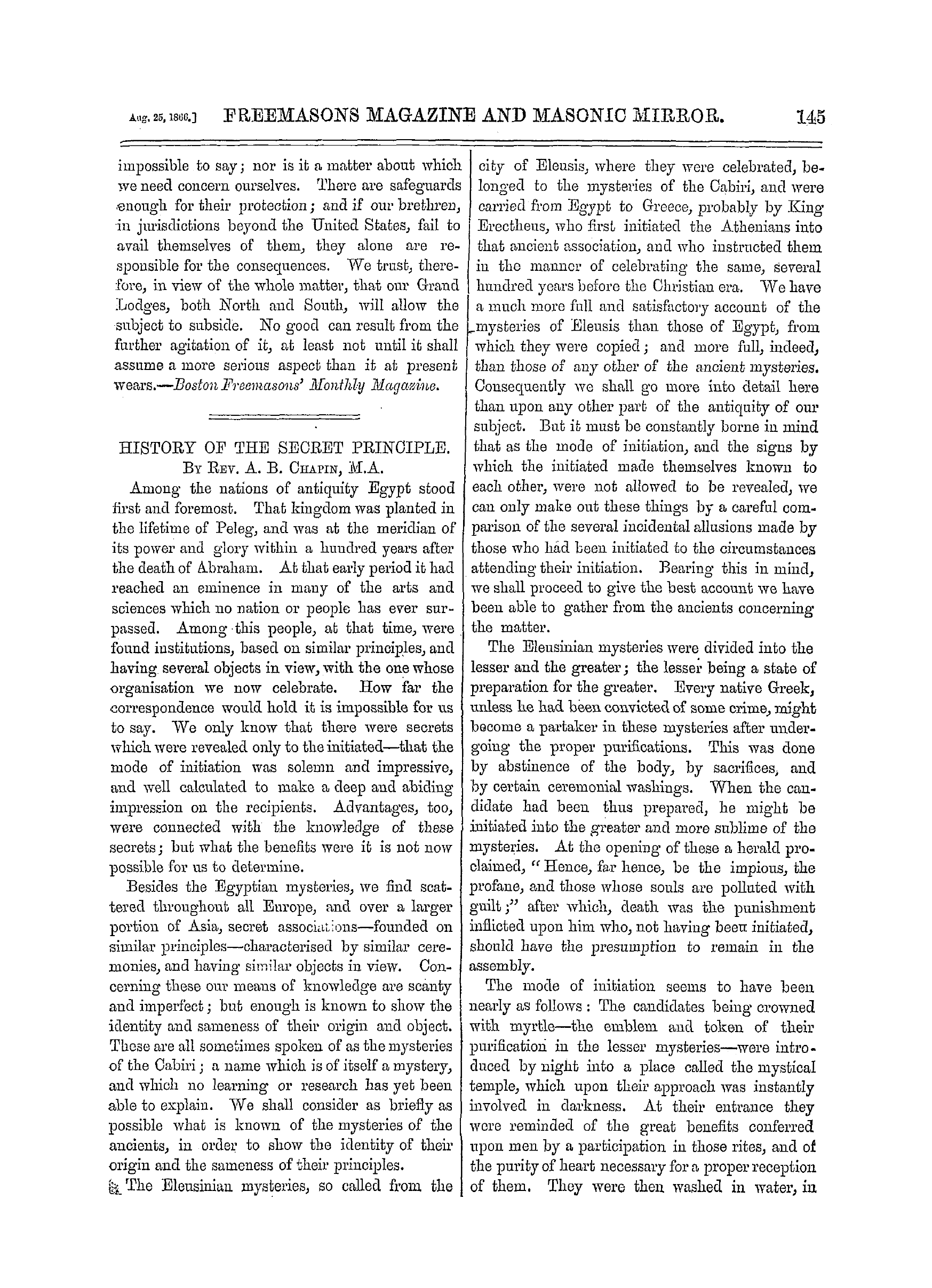 The Freemasons' Monthly Magazine: 1866-08-25 - History Of The Secret Principle.