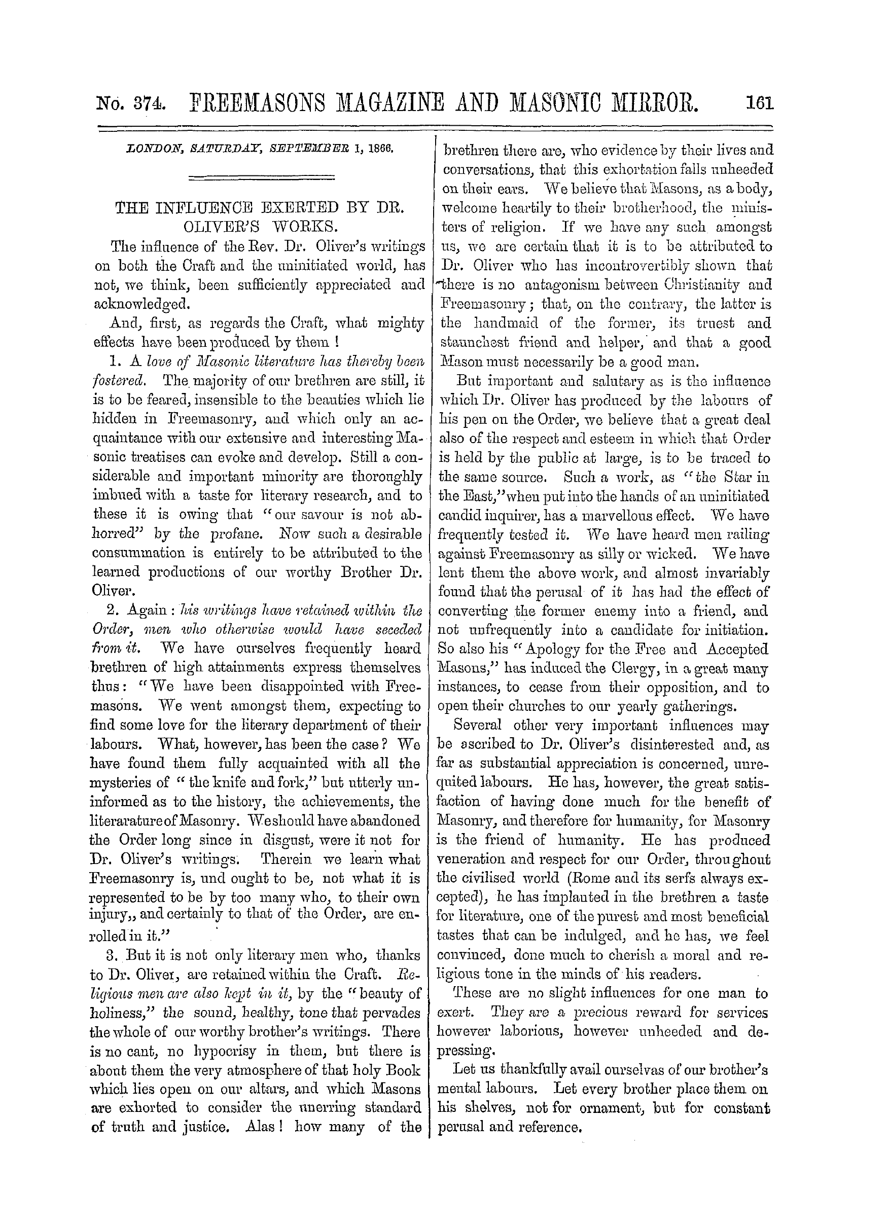 The Freemasons' Monthly Magazine: 1866-09-01 - The Influence Exerted By Dr. Oliver's Works.