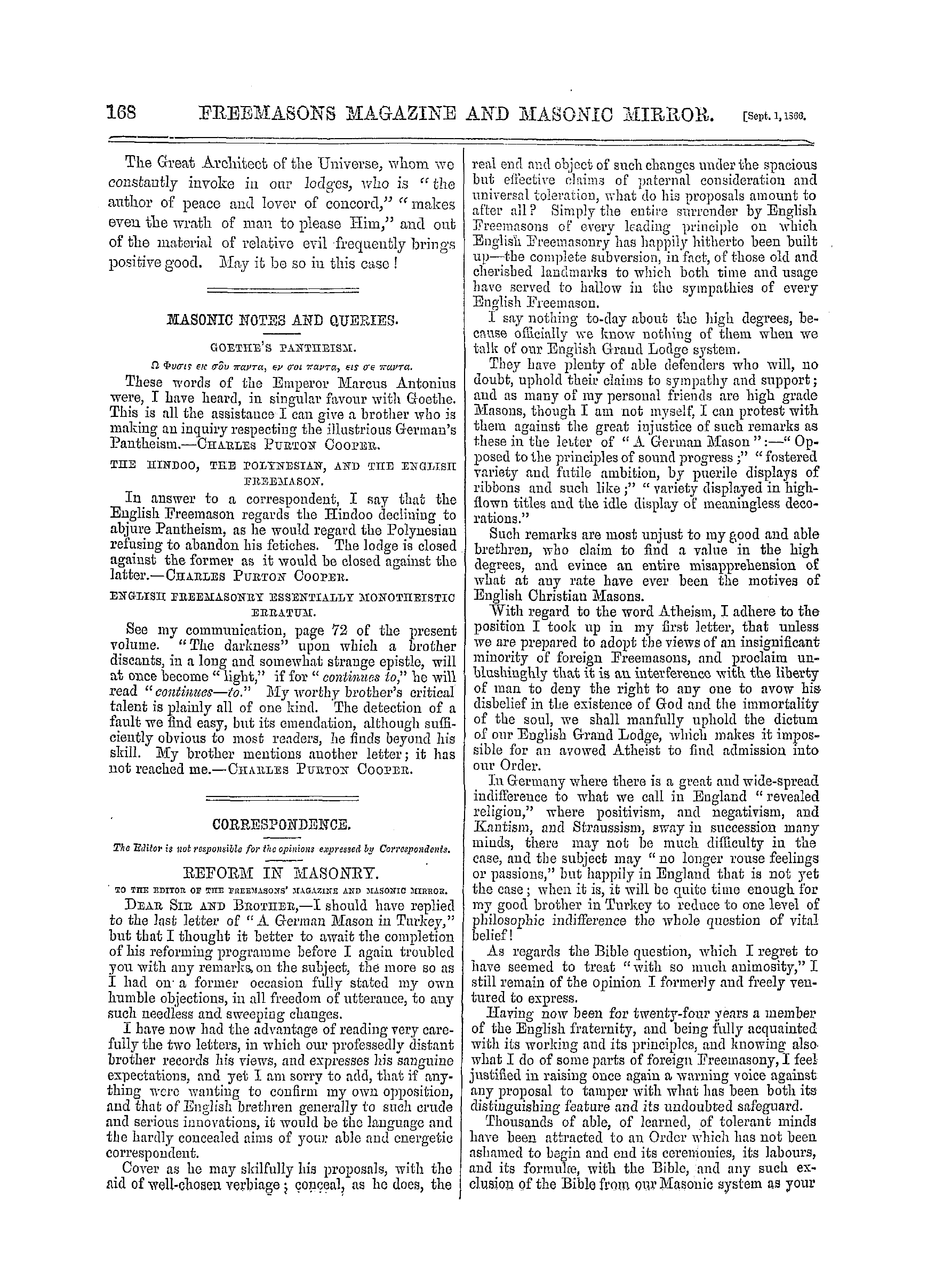 The Freemasons' Monthly Magazine: 1866-09-01 - Correspondence.