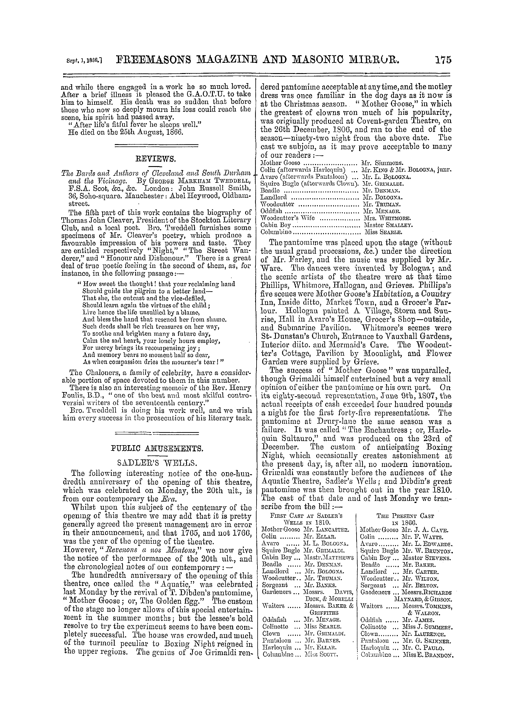 The Freemasons' Monthly Magazine: 1866-09-01 - Public Amusements.