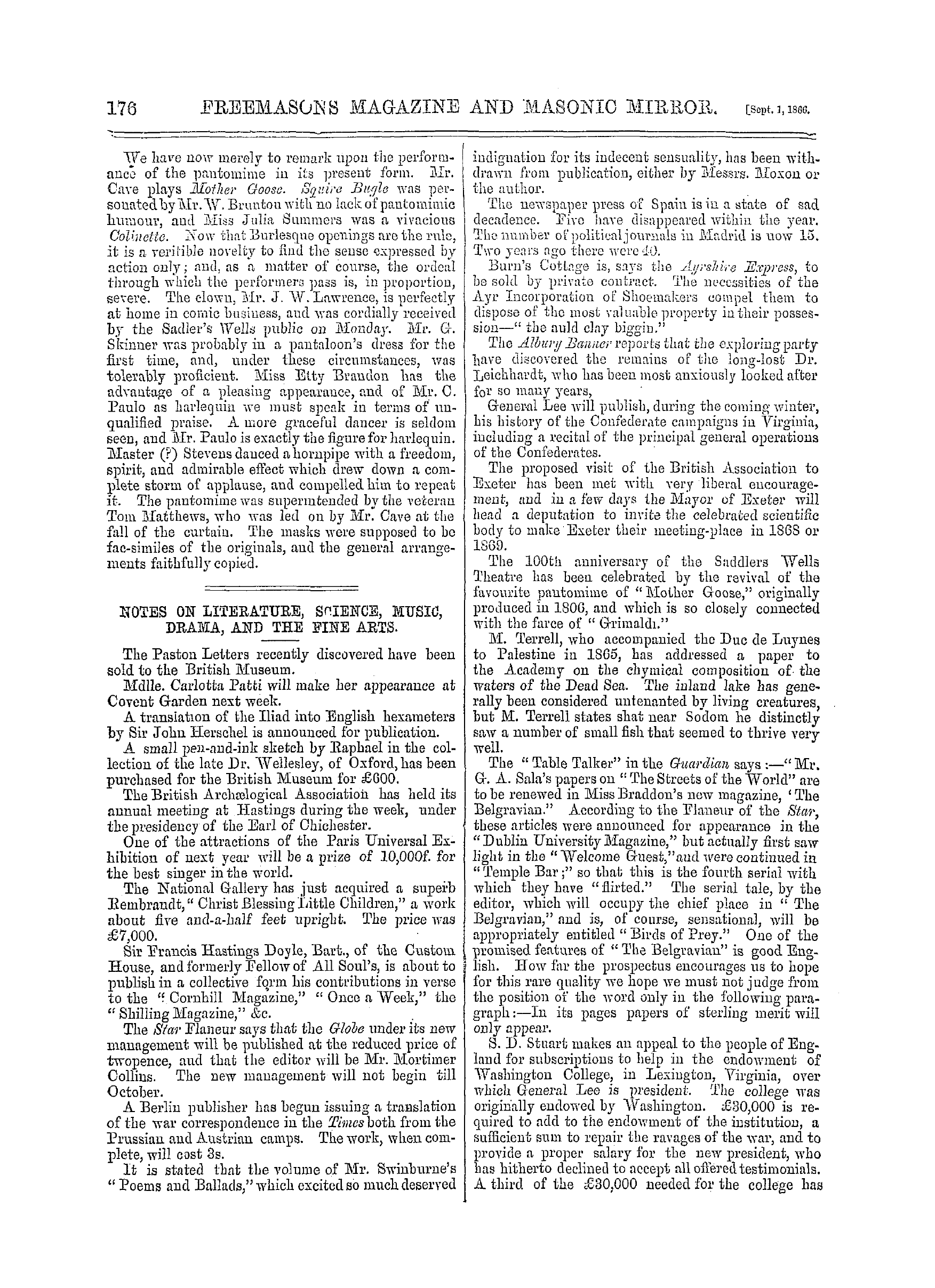 The Freemasons' Monthly Magazine: 1866-09-01 - Notes On Literature, Science, Music, Drama, And The Fine Arts.