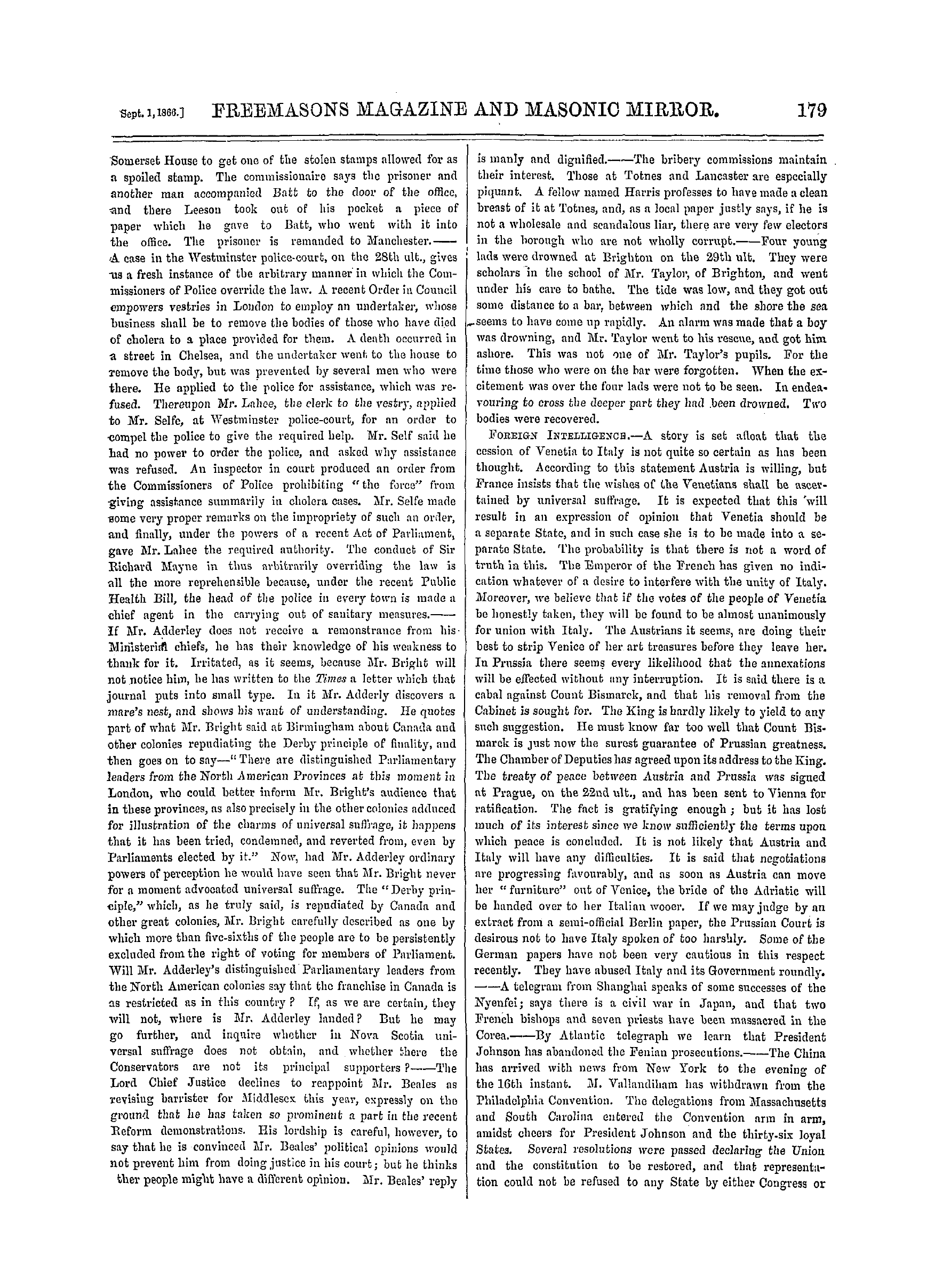 The Freemasons' Monthly Magazine: 1866-09-01 - The Week.