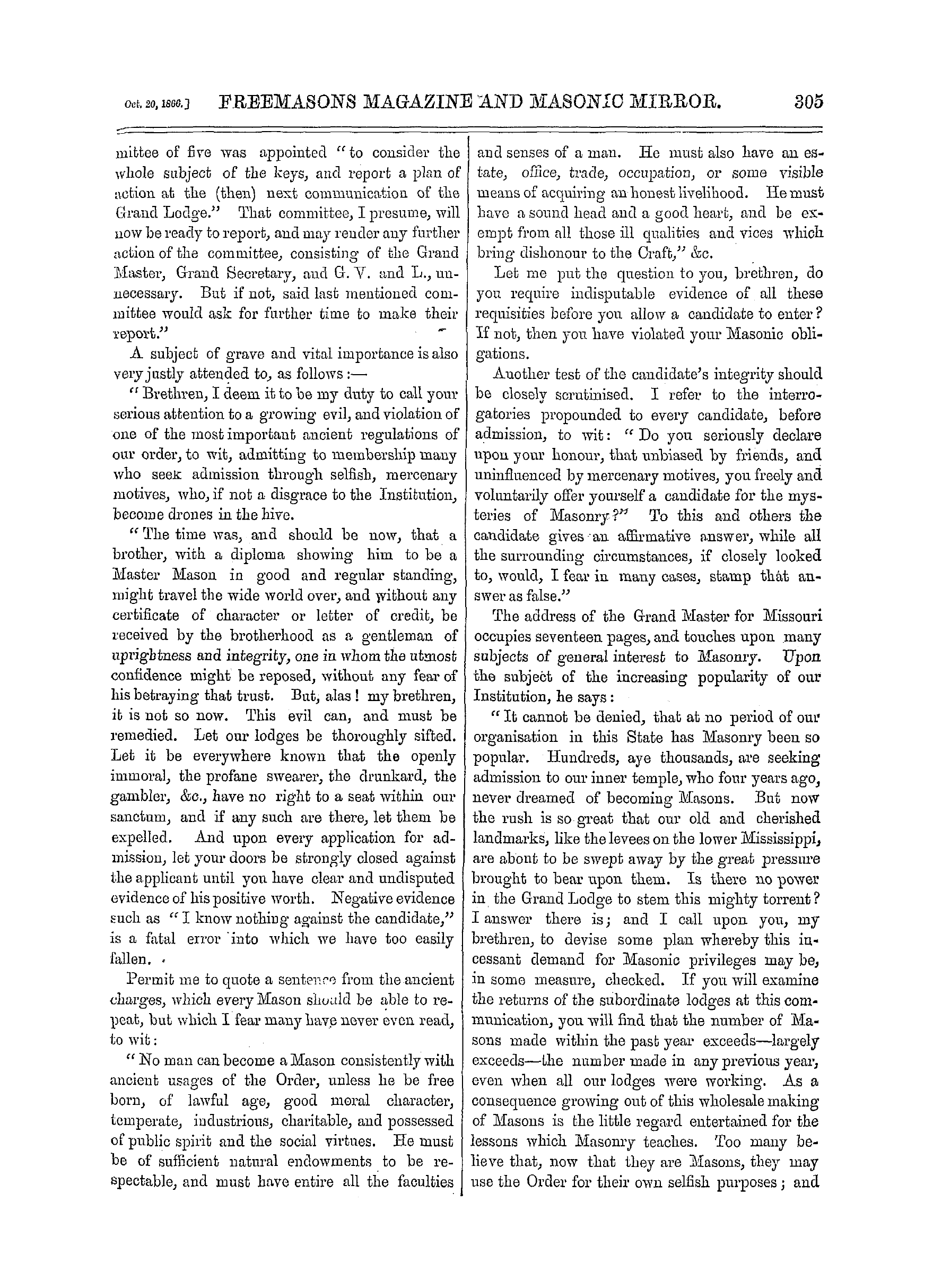 The Freemasons' Monthly Magazine: 1866-10-20 - Freemasonry In The United States.