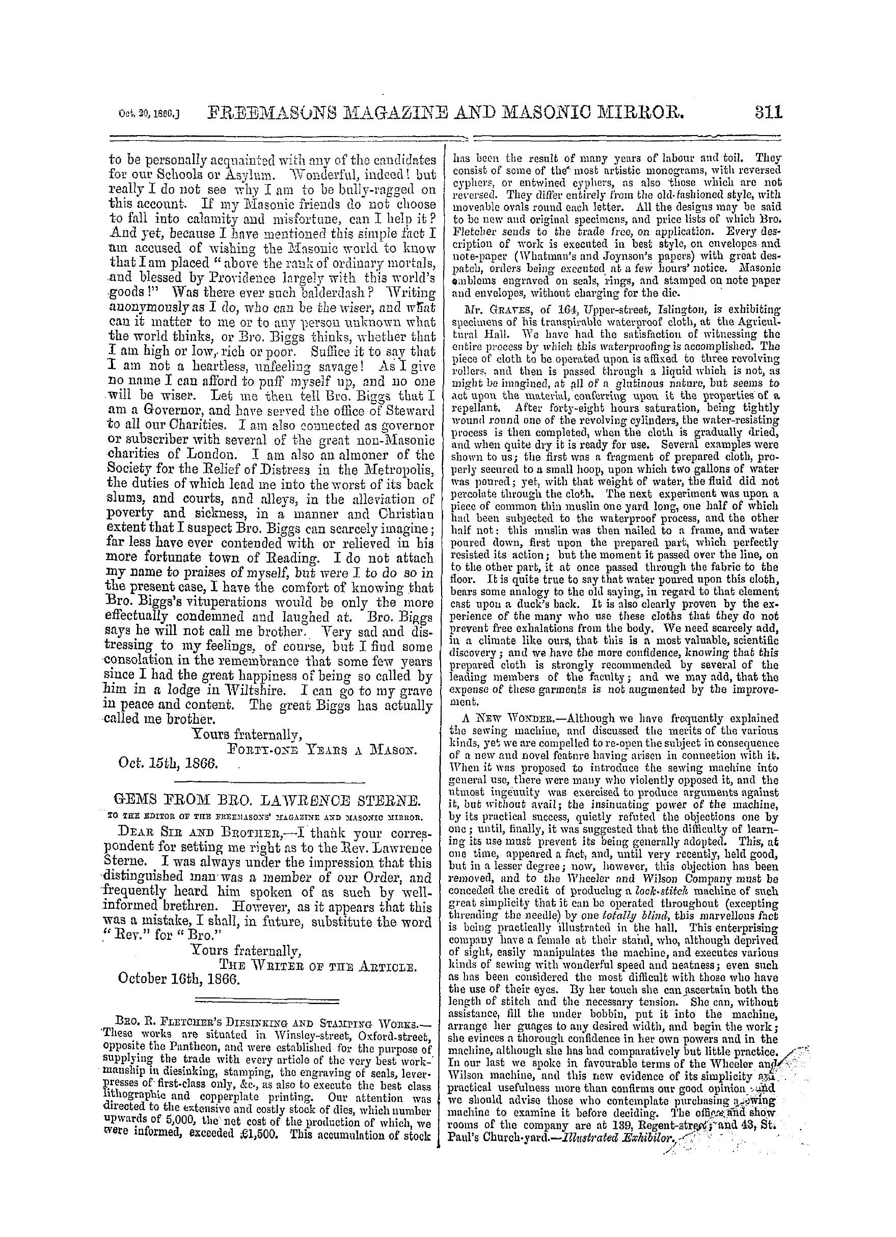 The Freemasons' Monthly Magazine: 1866-10-20 - Lost Votes.