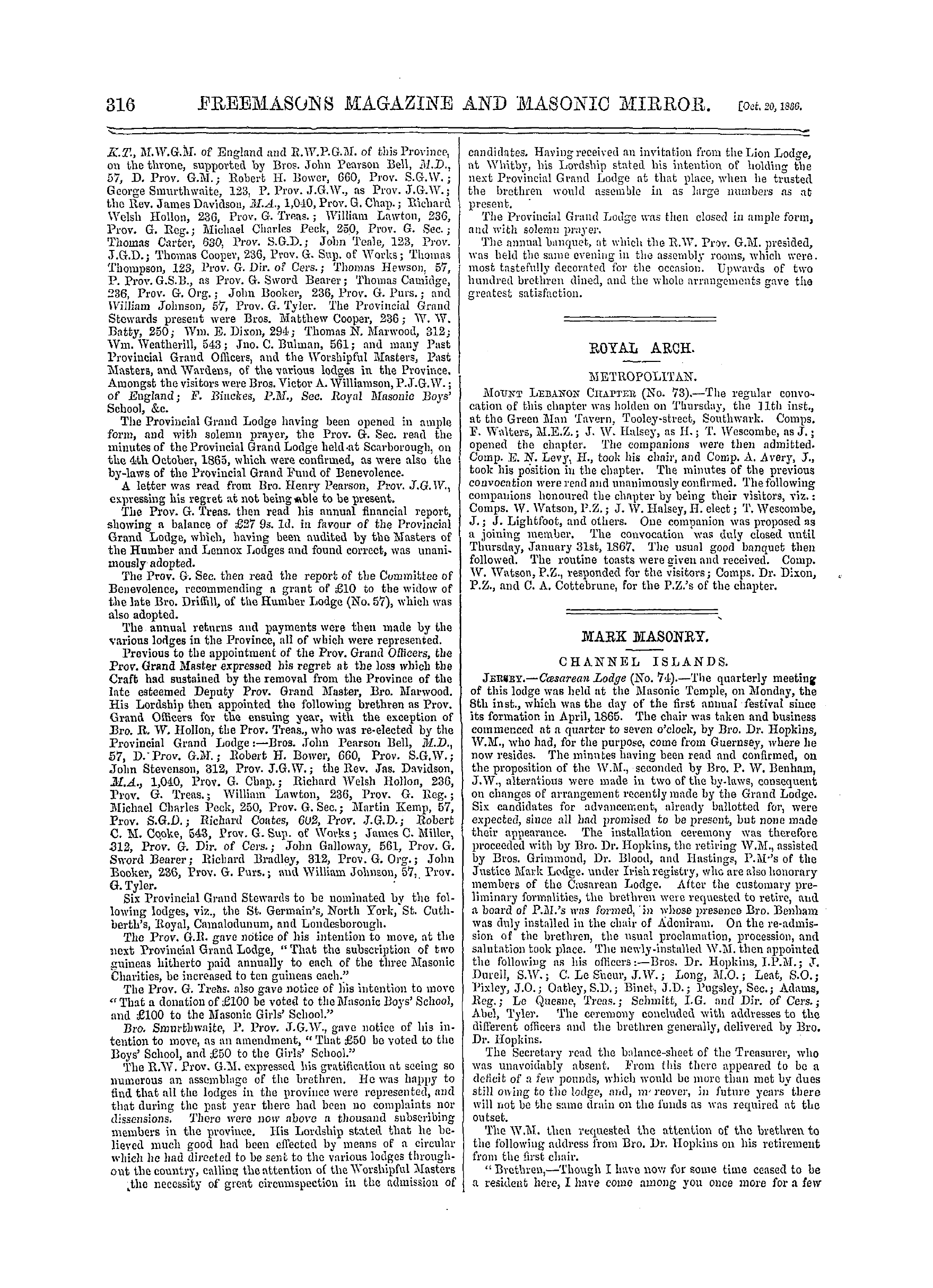 The Freemasons' Monthly Magazine: 1866-10-20 - Provincial.
