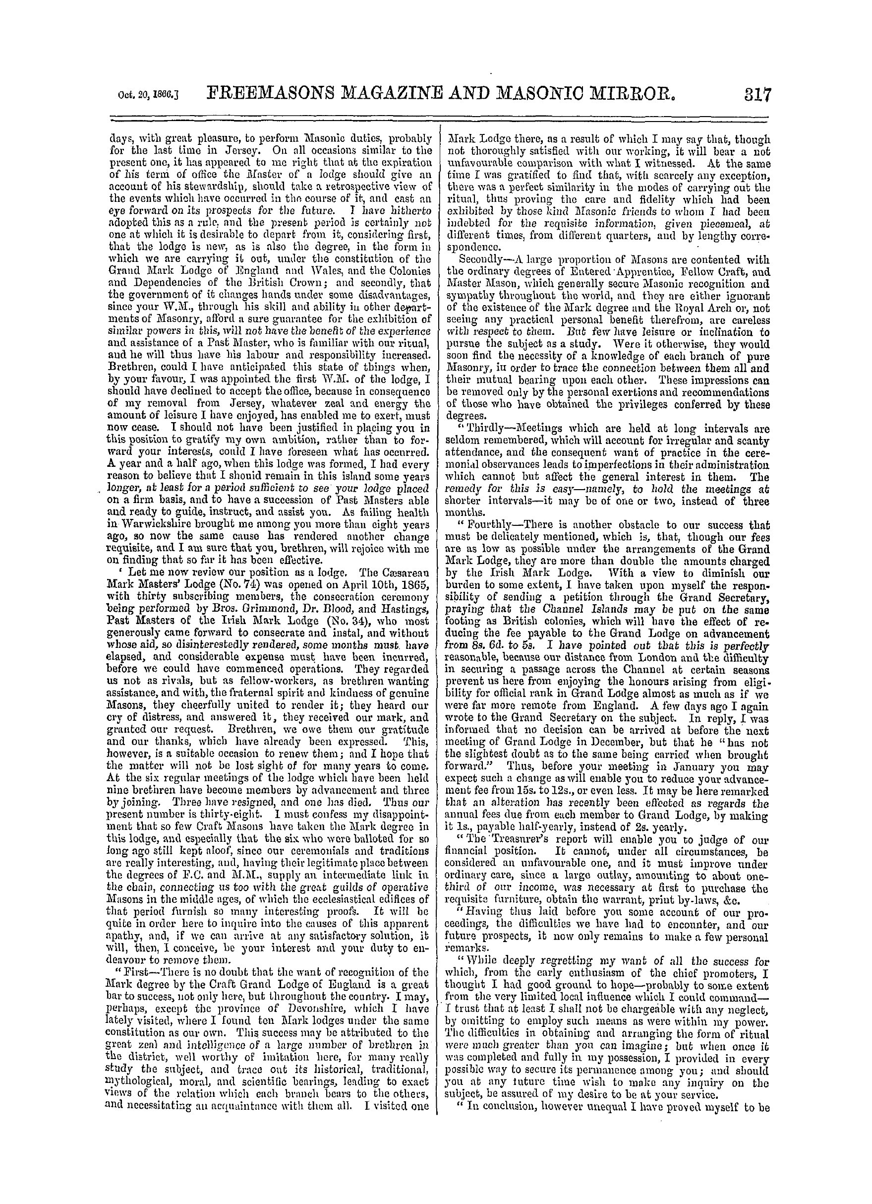 The Freemasons' Monthly Magazine: 1866-10-20 - Mark Masonry.