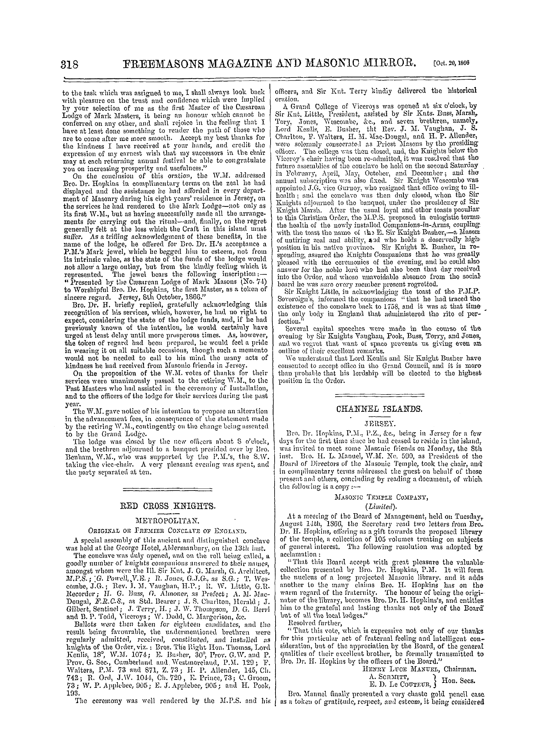 The Freemasons' Monthly Magazine: 1866-10-20 - Channel Islands.