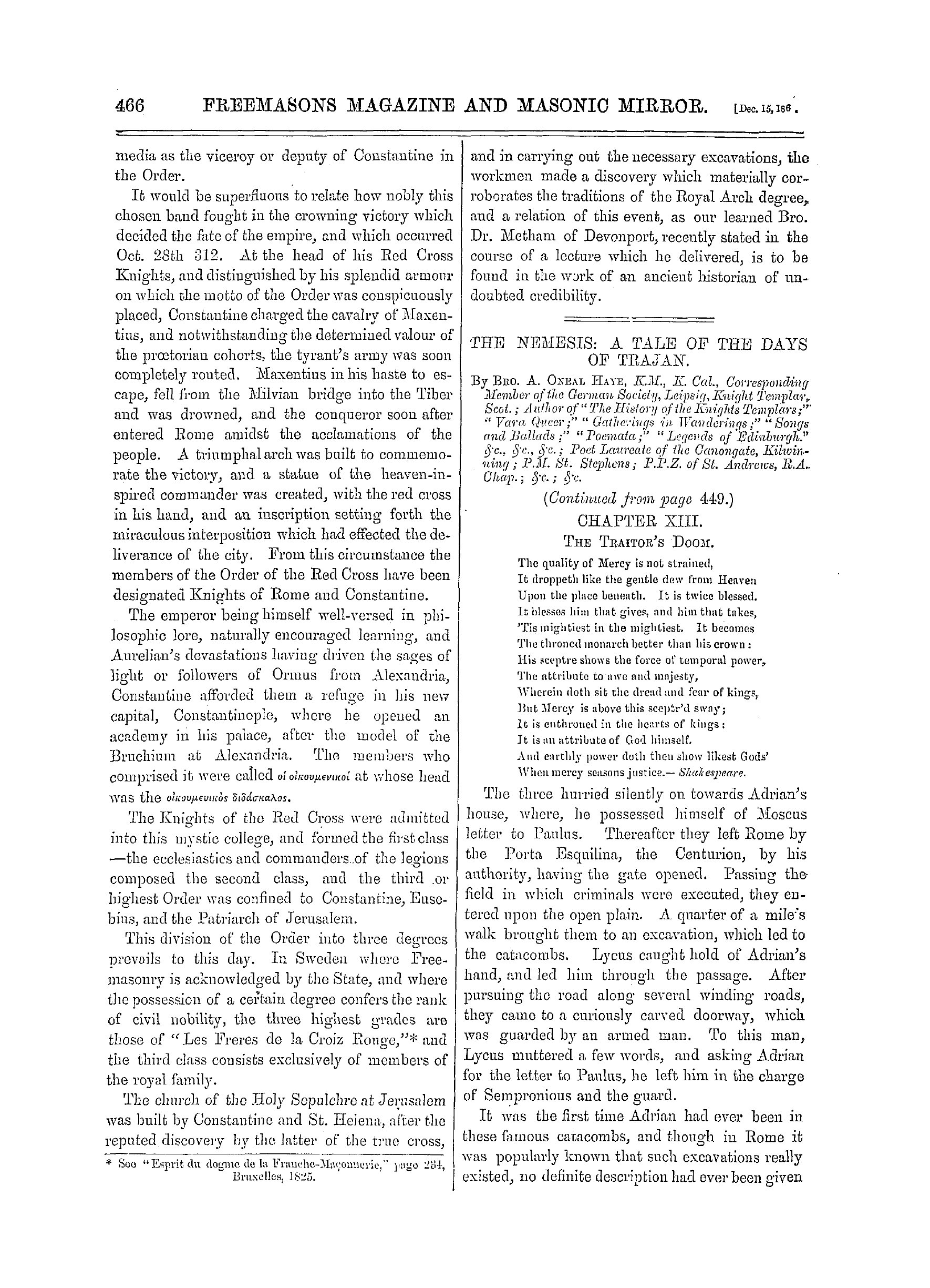 The Freemasons' Monthly Magazine: 1866-12-15 - The Nemesis: A Tale Of The Days Of Trajan.