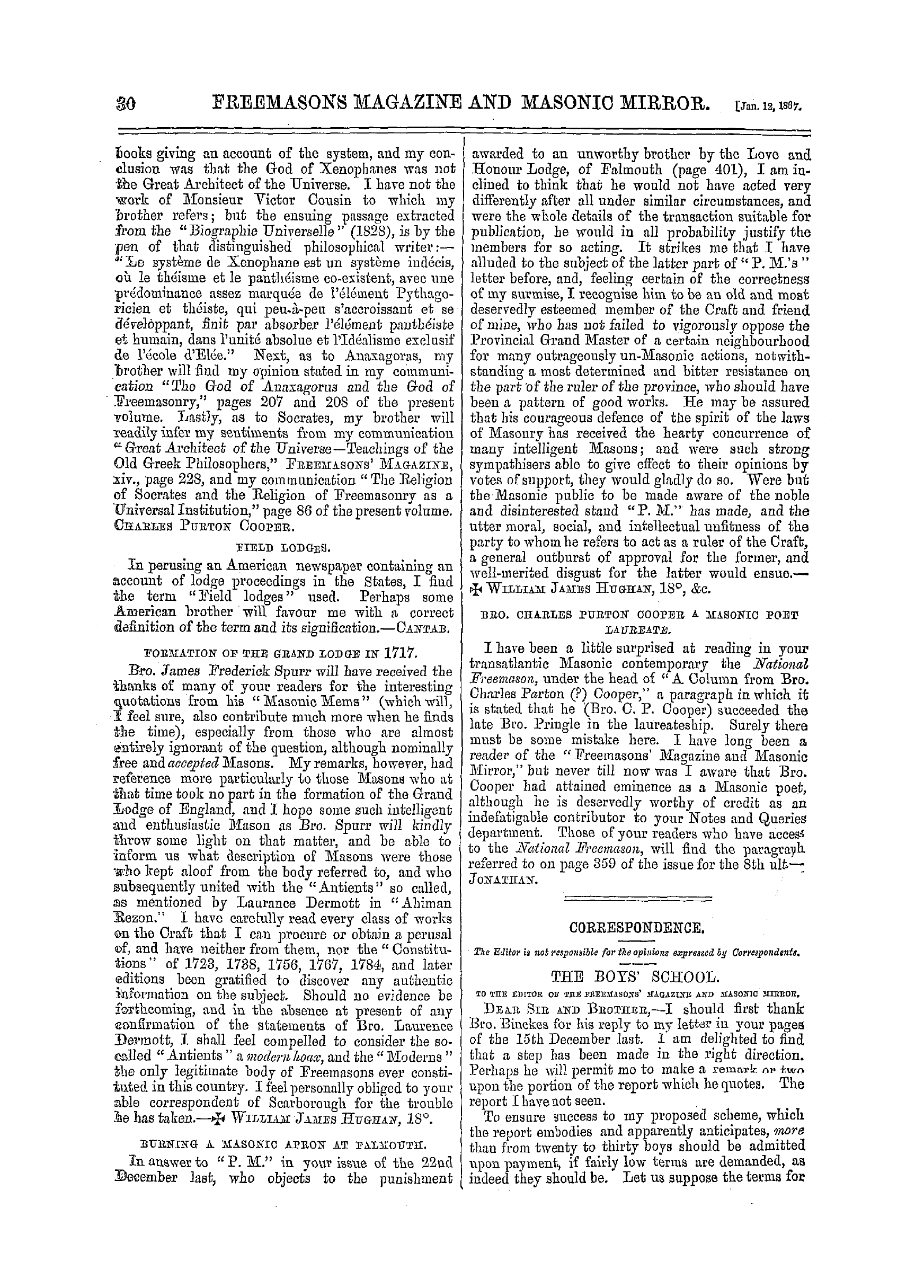 The Freemasons' Monthly Magazine: 1867-01-12 - Correspondence.