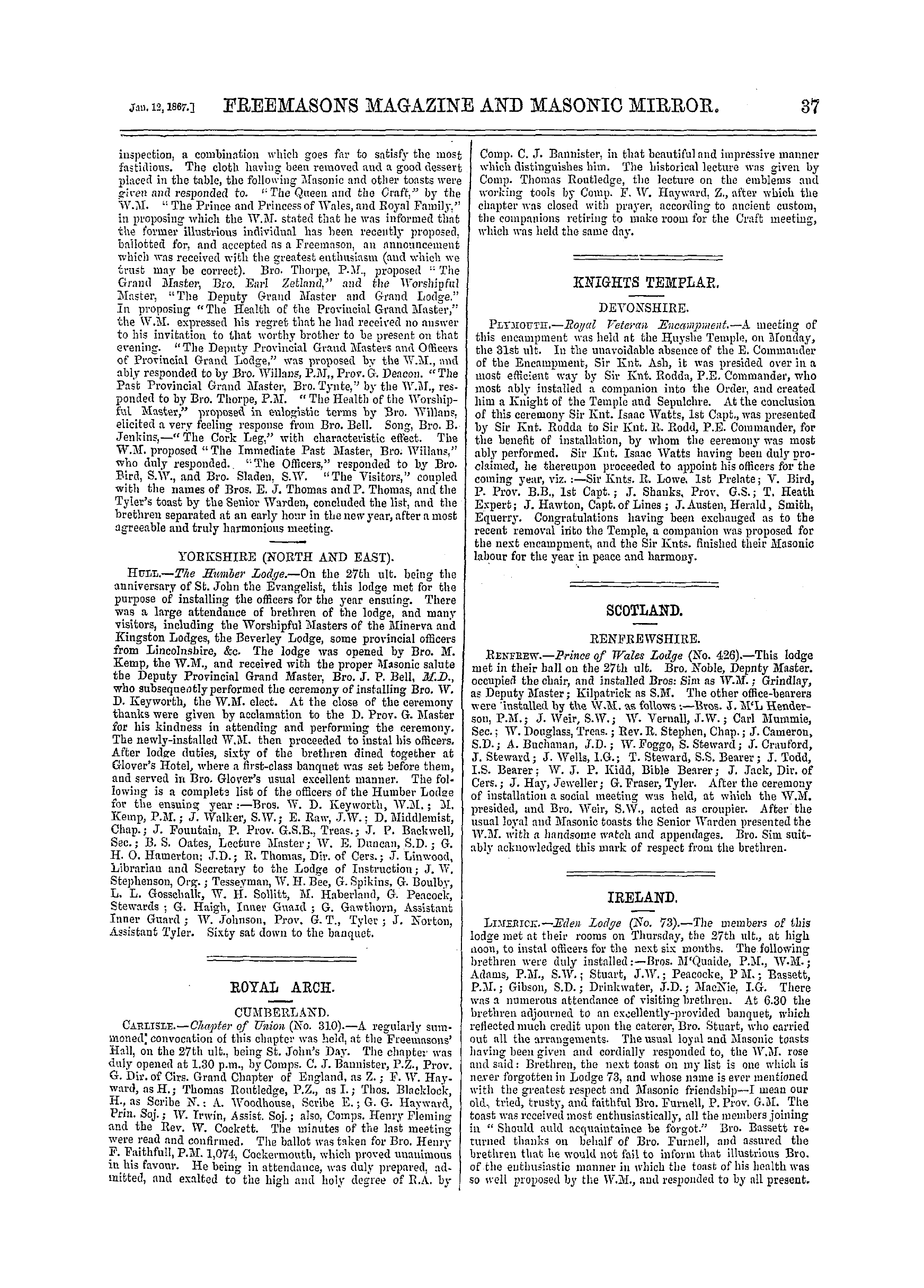 The Freemasons' Monthly Magazine: 1867-01-12 - Provincial.