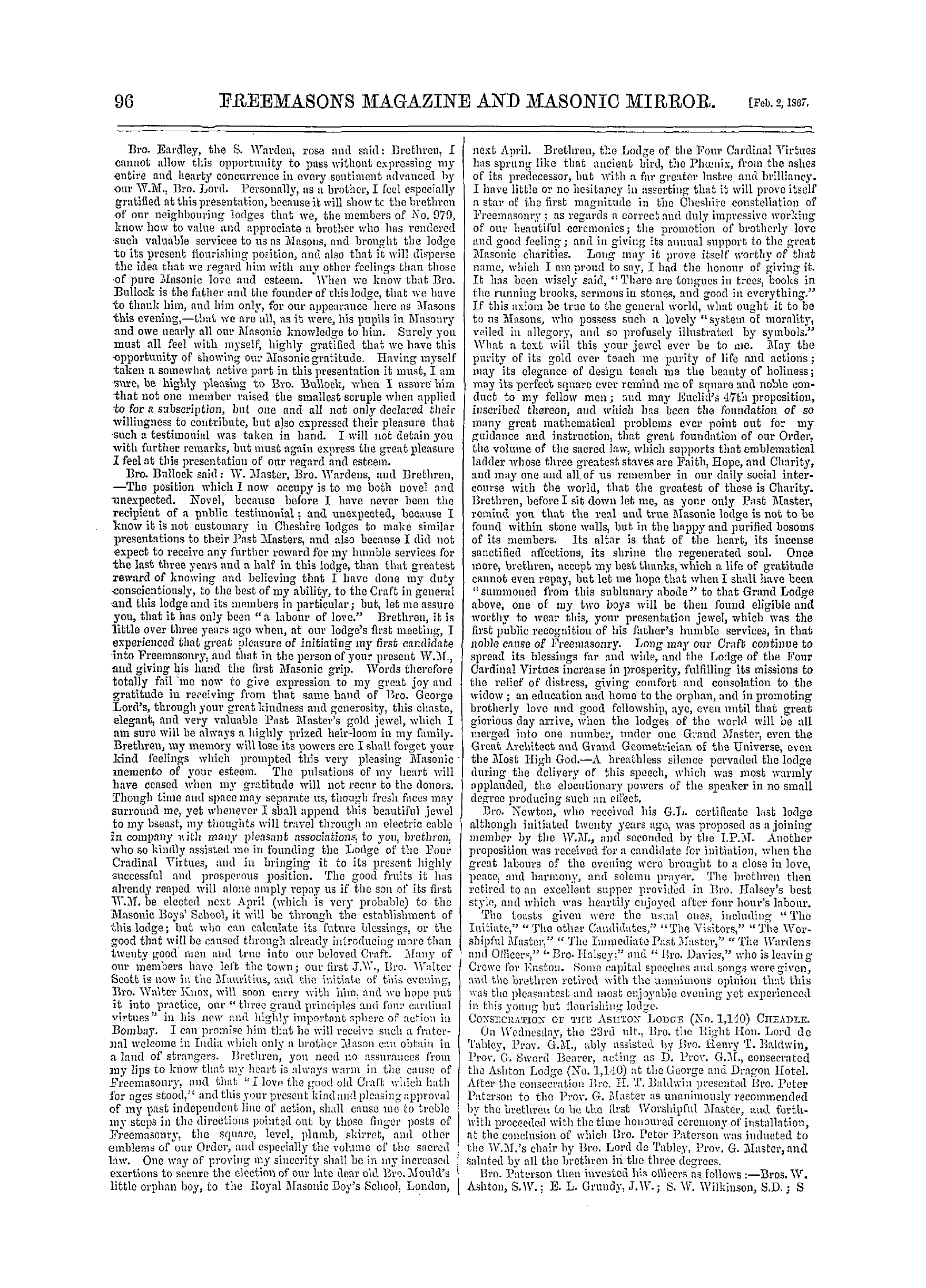 The Freemasons' Monthly Magazine: 1867-02-02 - Metropolitan.