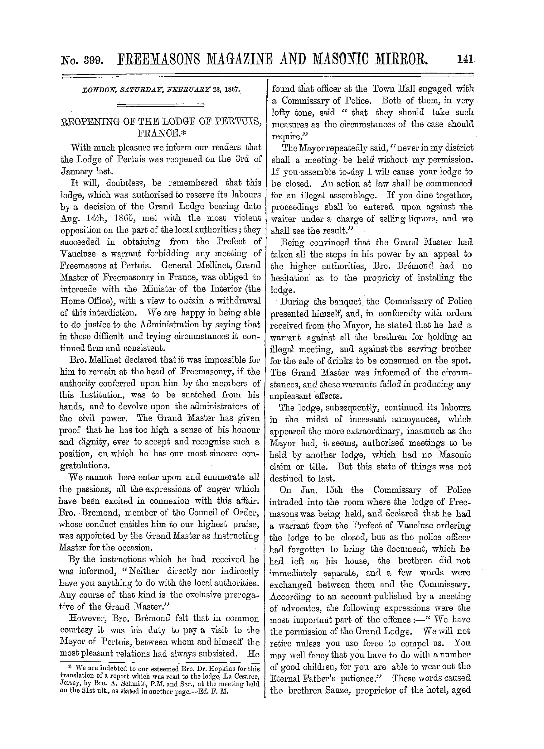 The Freemasons' Monthly Magazine: 1867-02-23: 1